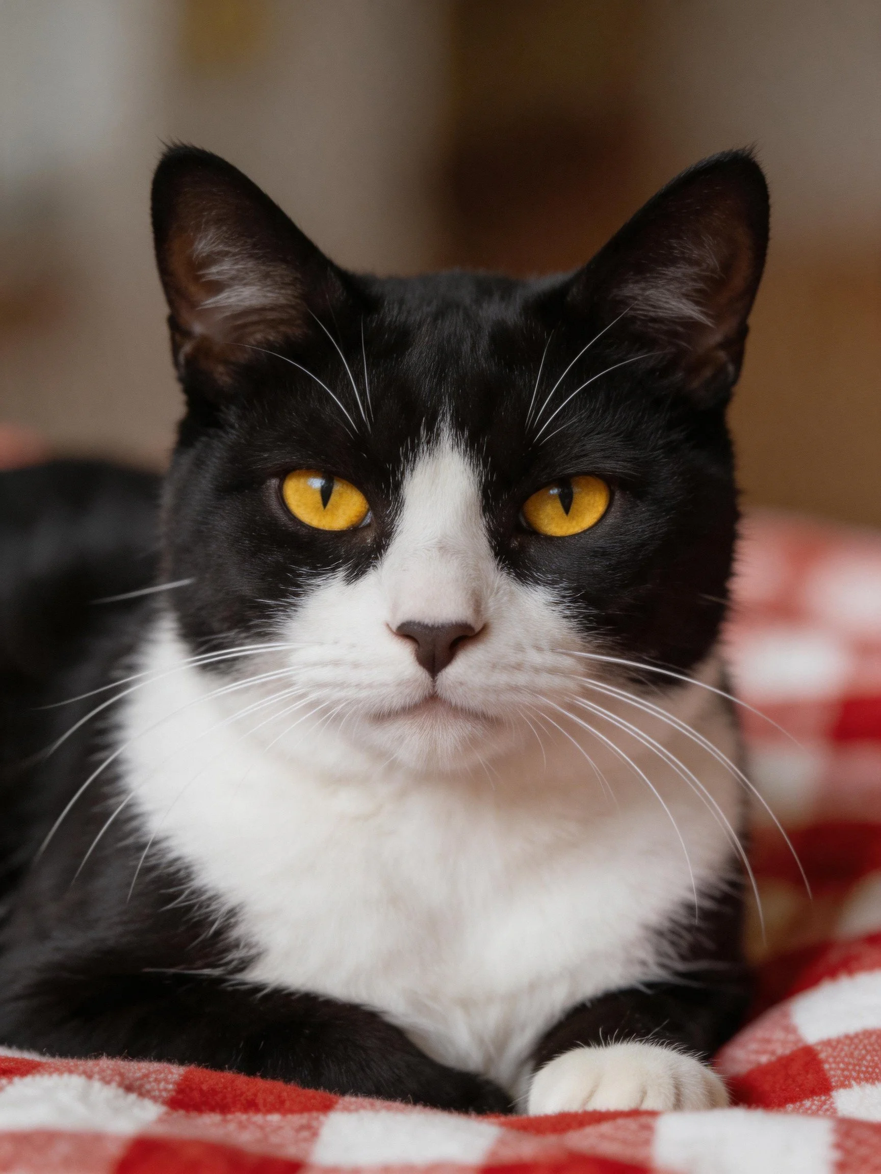 A black and white cat with bright yellow eyes rests on a red checkered fabric