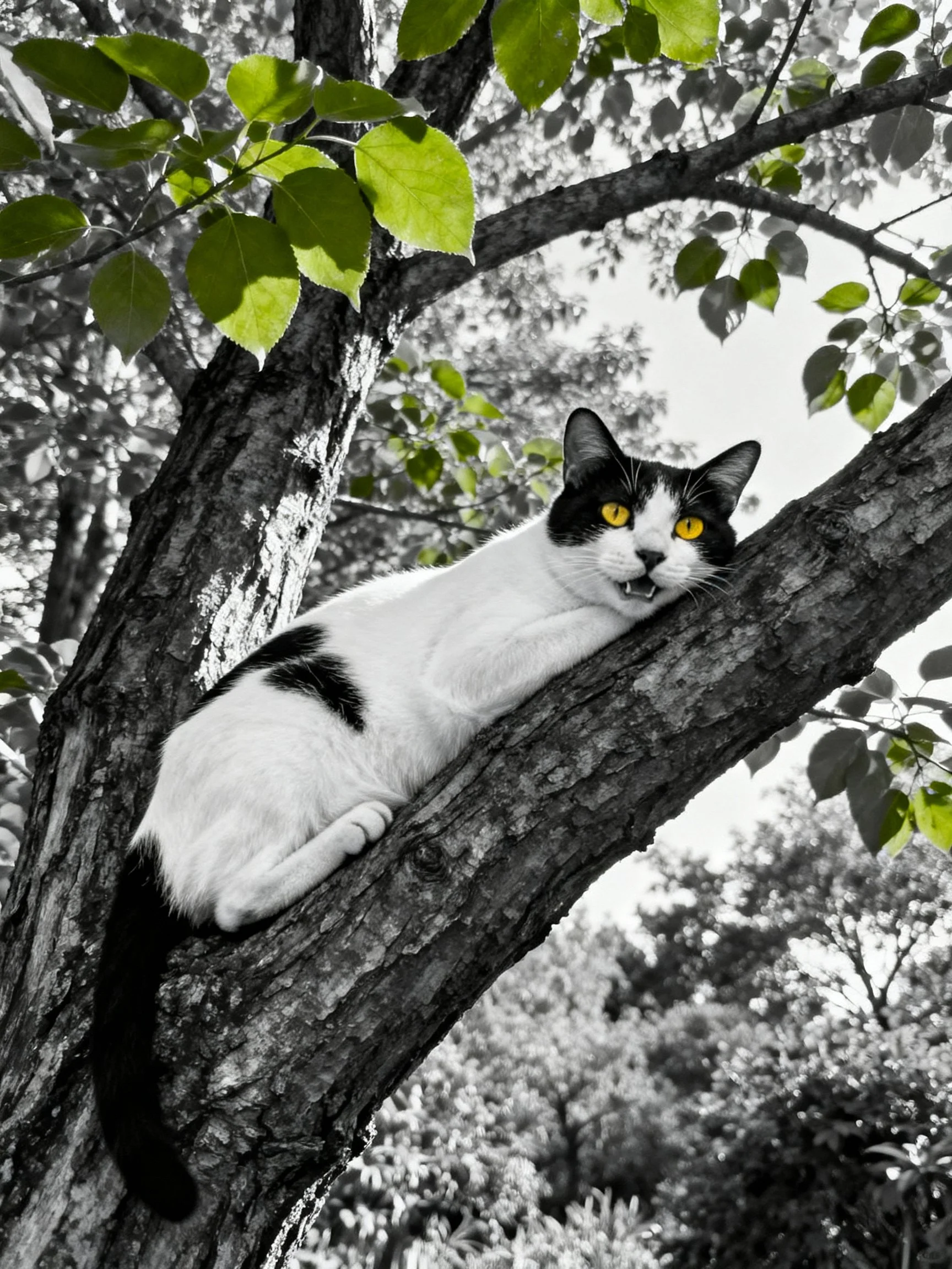 A black - and - white cat with bright yellow eyes rests on a tree branch