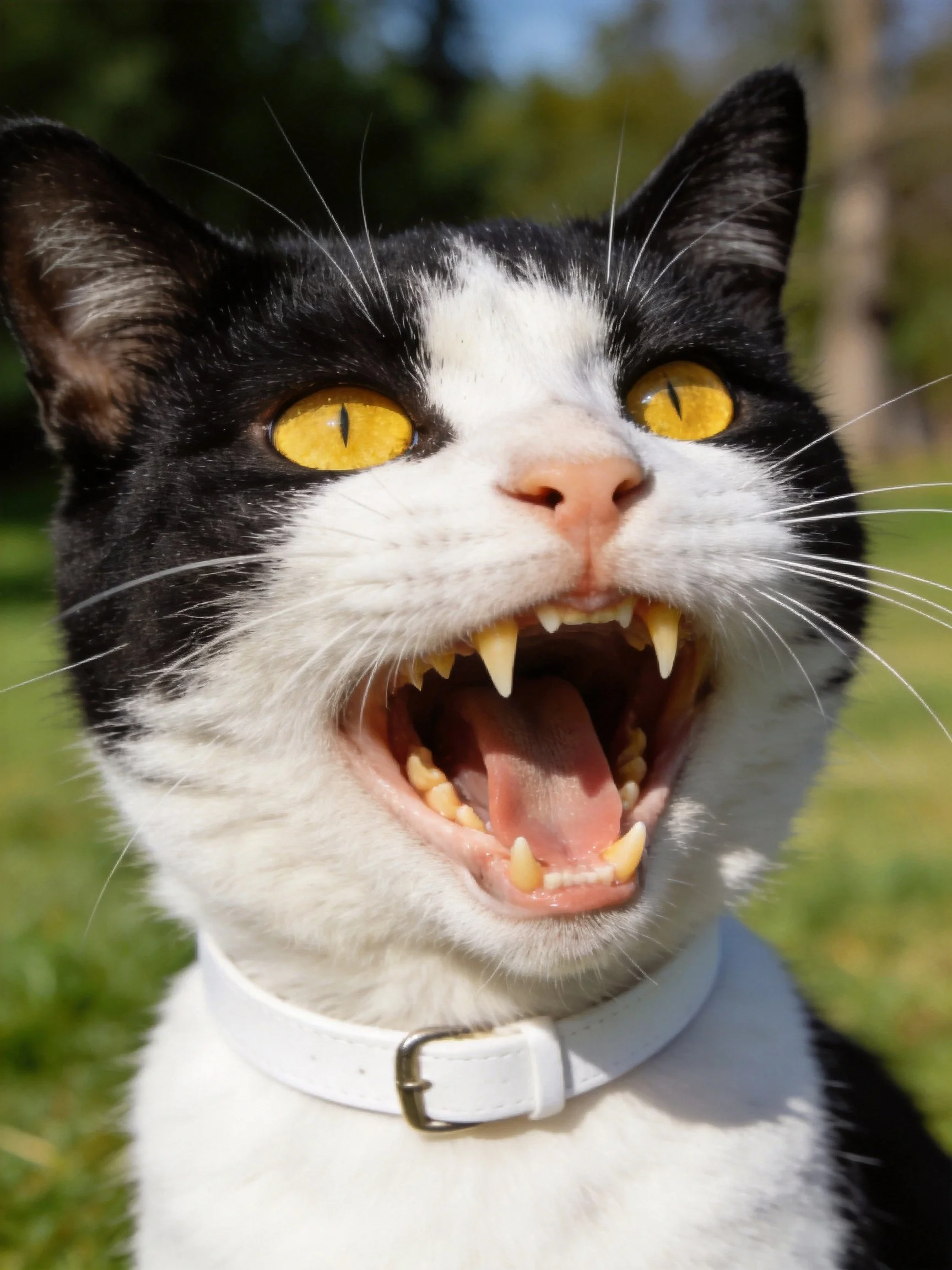 A black - and - white cat with bright yellow eyes showing sharp teeth outdoors