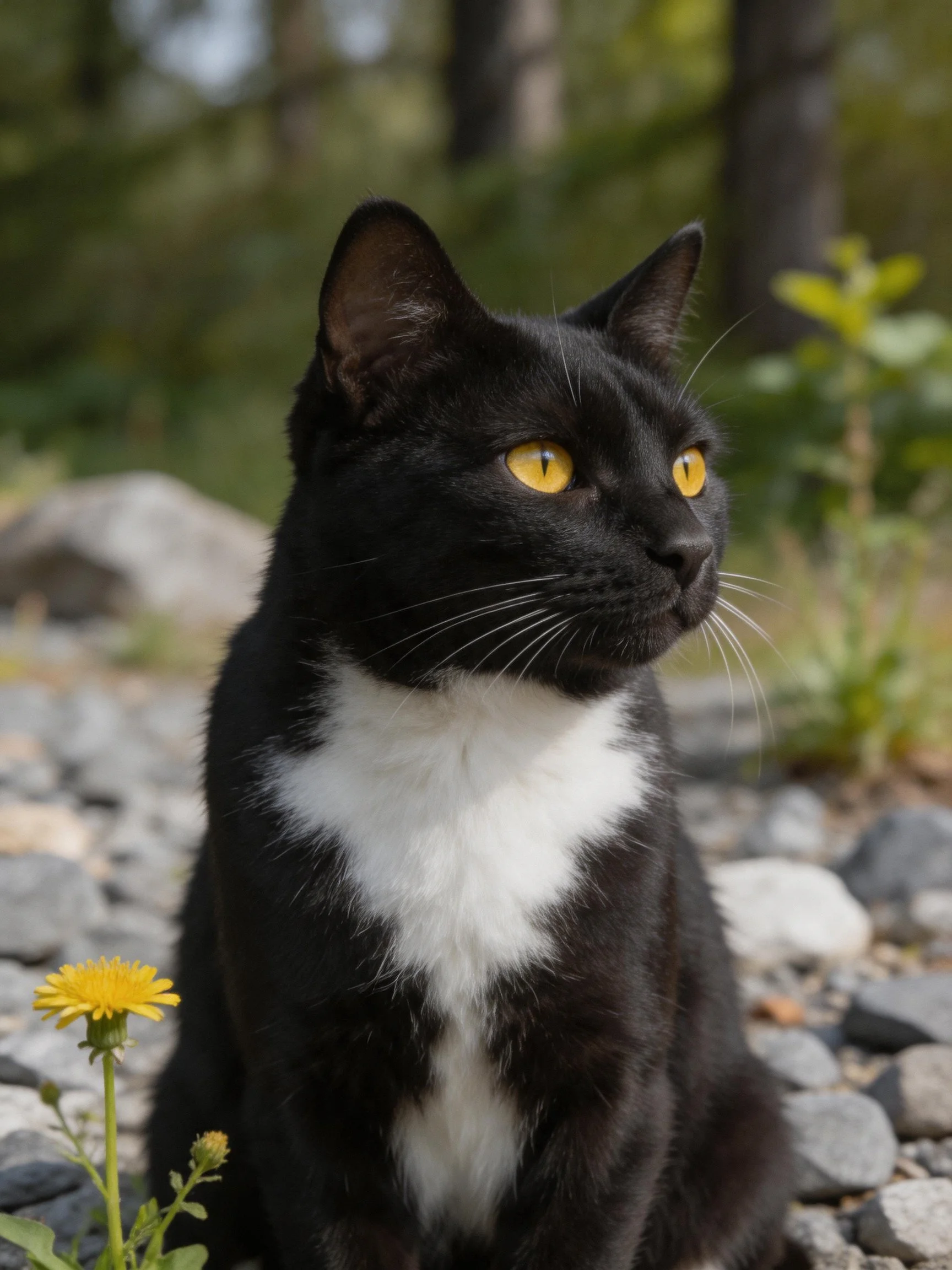 A black and white cat with bright yellow eyes sits near rocks and a yellow flower