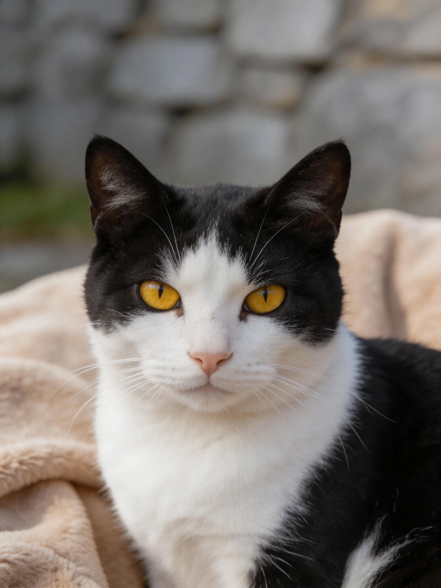 A black - and - white cat with bright yellow eyes sits on a beige blanket by a stone wall