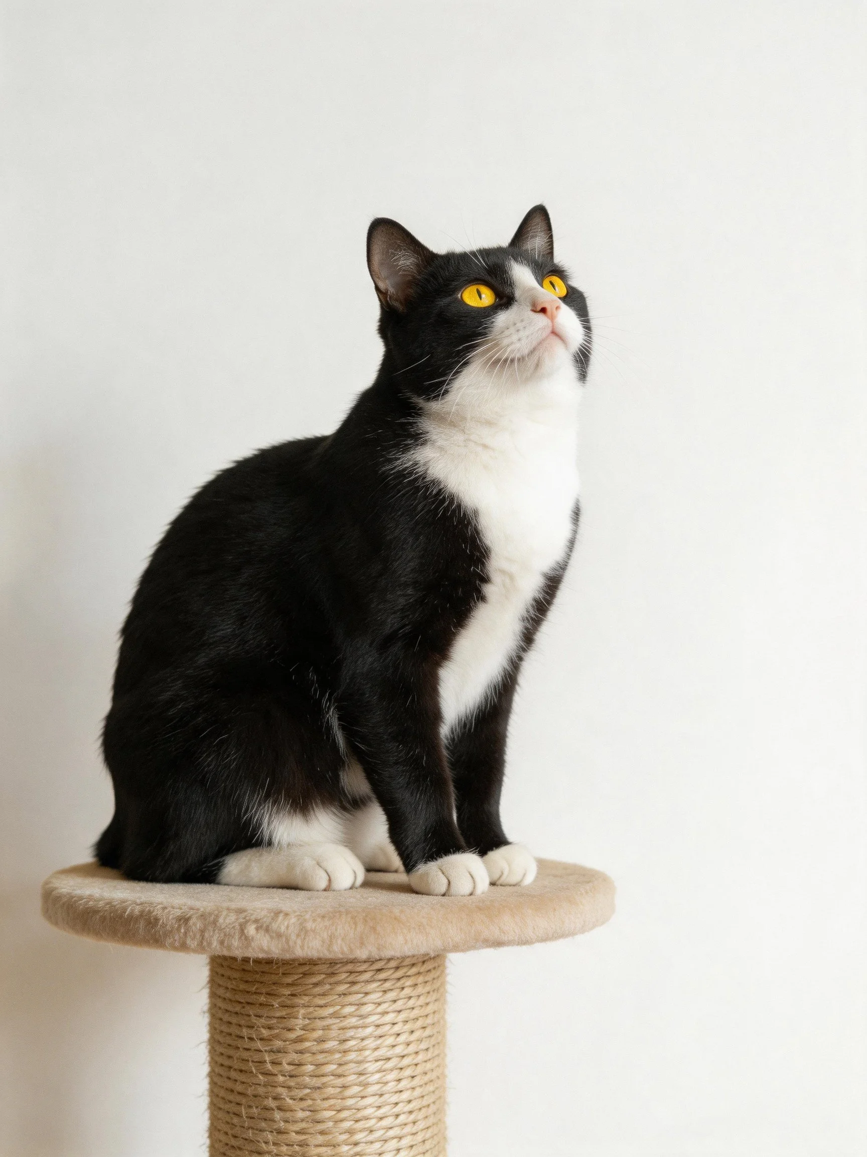 A black and white cat with yellow eyes sits on a scratching post near a plain wall