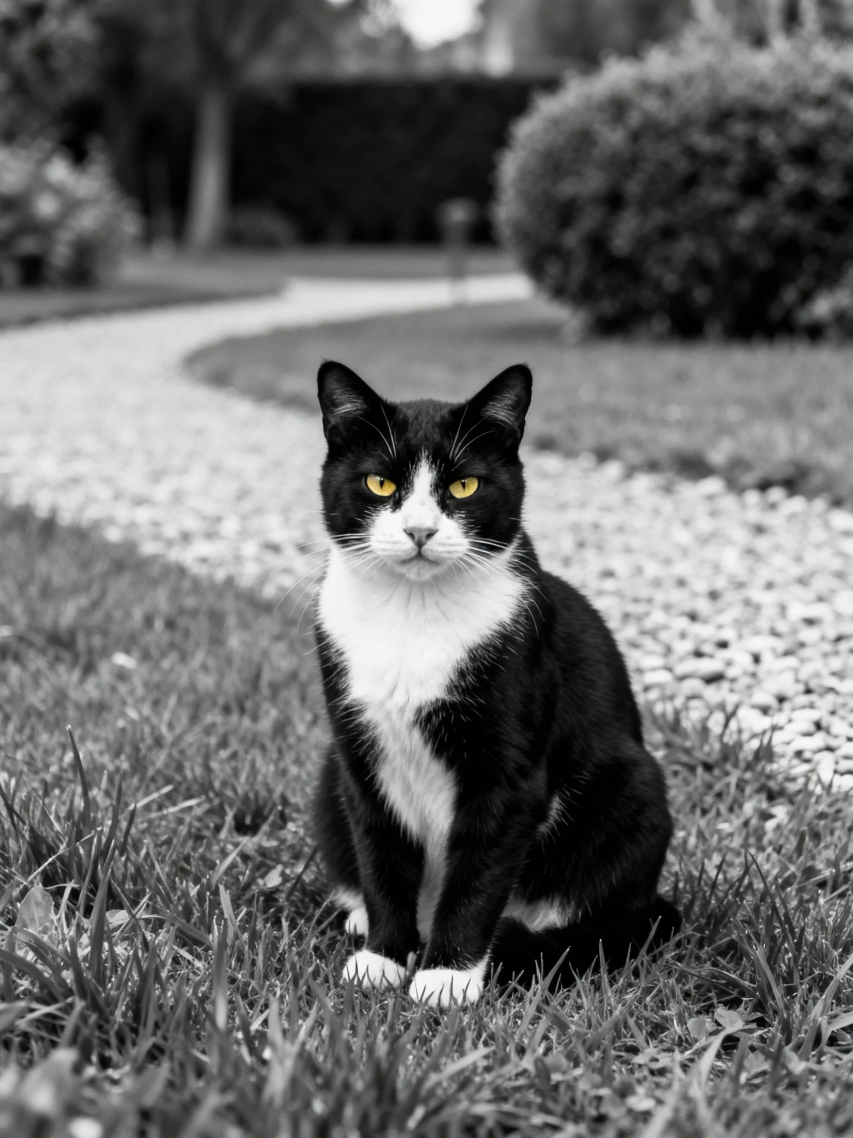 A black and white cat with bright yellow eyes sits on grass by a pebbled path