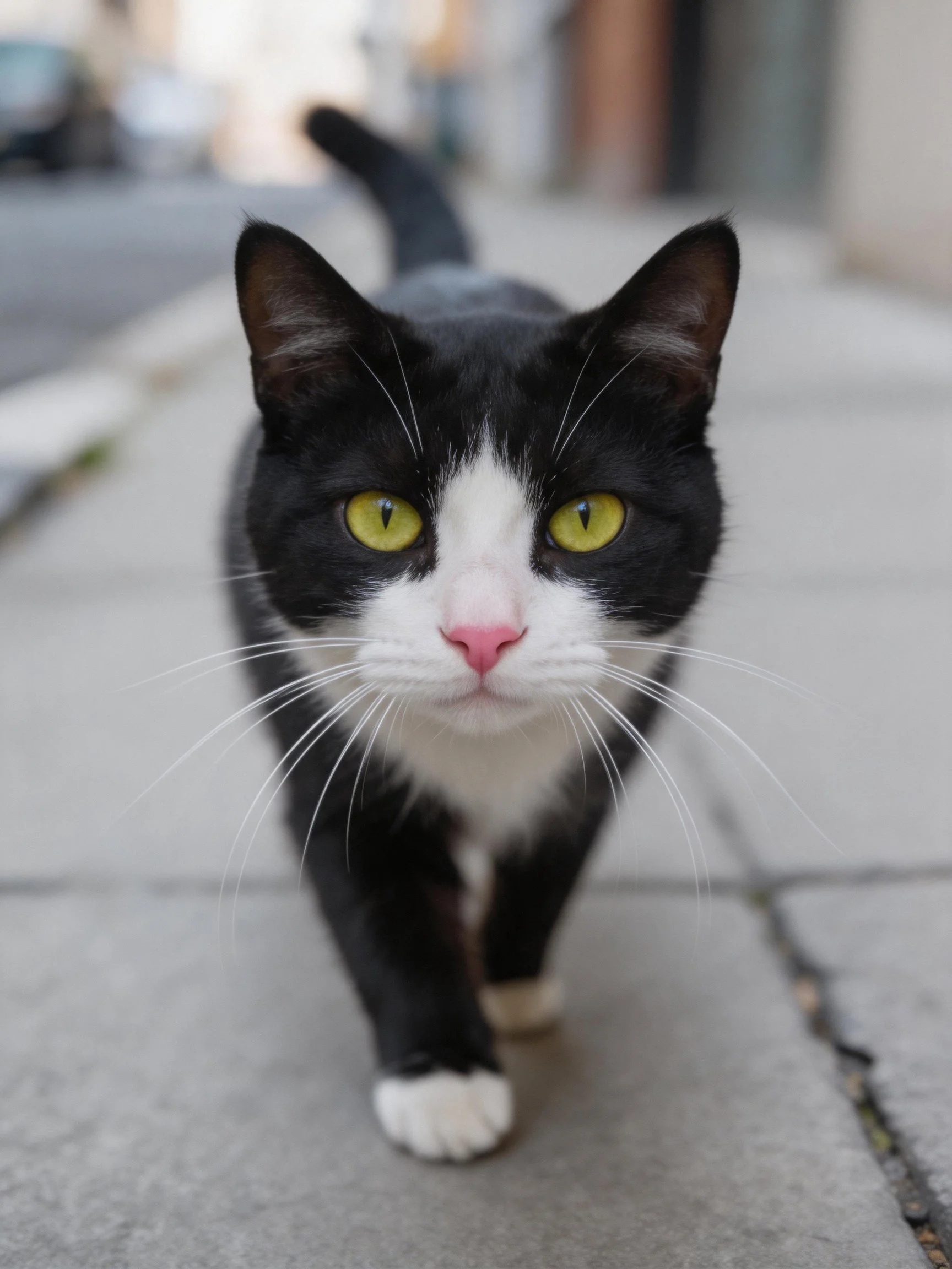 A black-and-white cat with bright yellow eyes walks on a concrete sidewalk