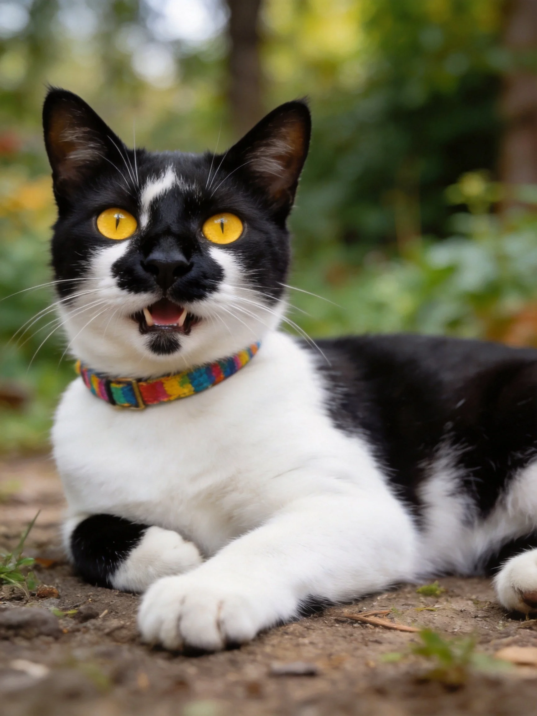 A black-and-white cat with bright yellow eyes wears a colorful collar outdoors