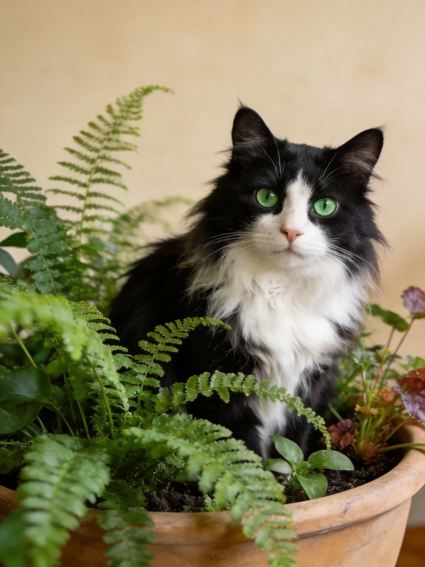 A black - and - white cat with green eyes sits in a pot of potted plants.