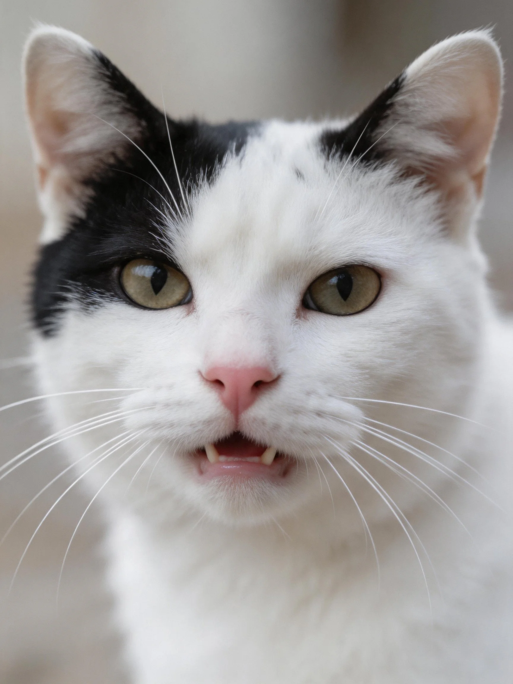 A black and white cat with green eyes is shown up close.