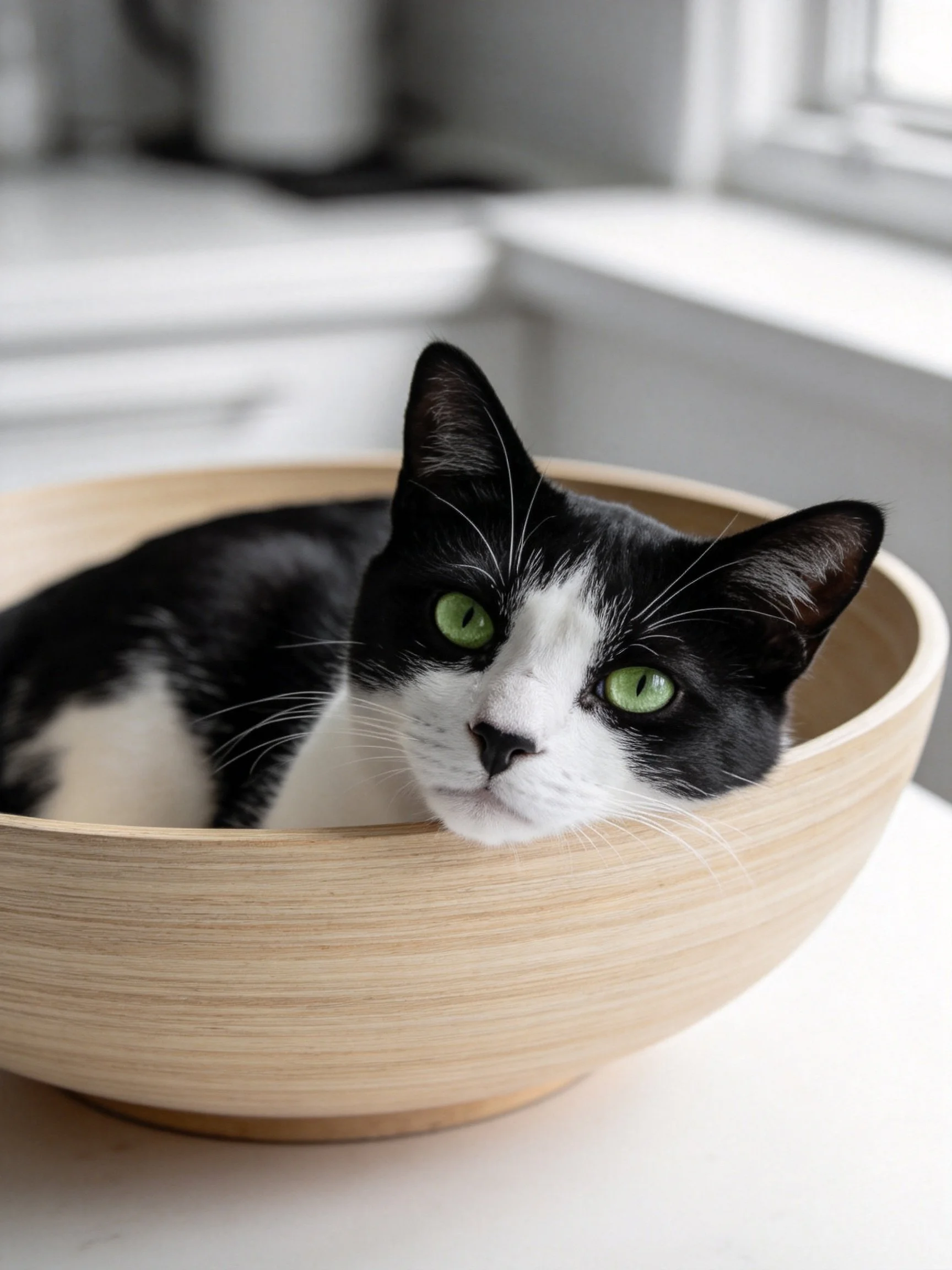 A black - and - white cat with green eyes relaxes inside a wooden bowl.