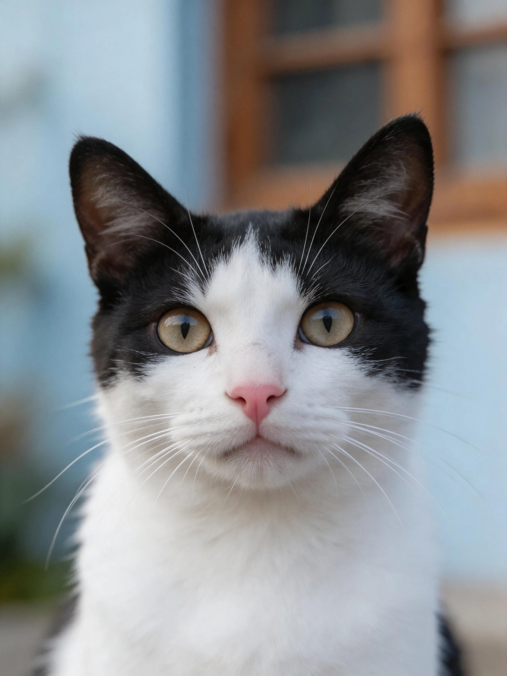 A black and white cat stares directly at the camera with vivid green eyes.