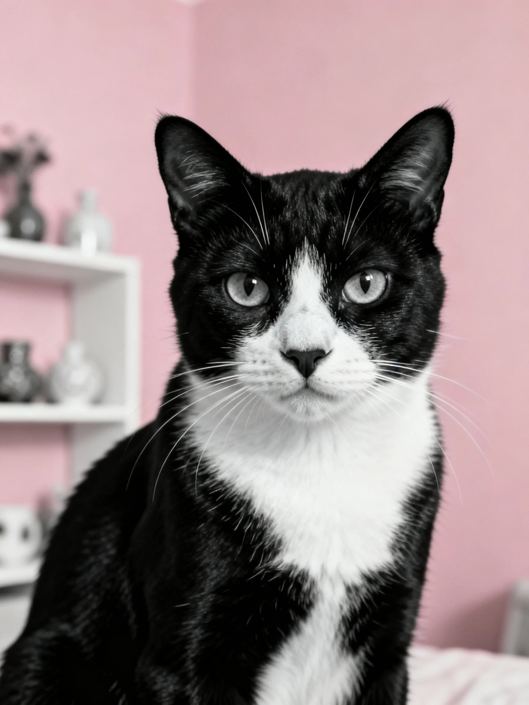 A black and white cat with green eyes is near pink walls.