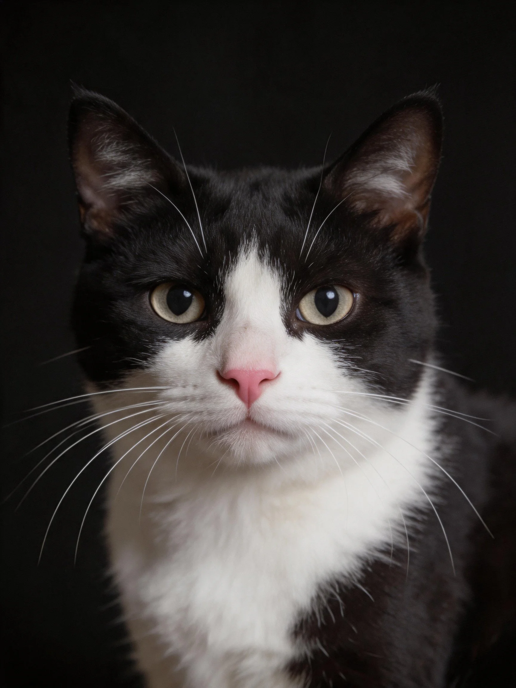 A black and white cat with green eyes is centered against a dark background.