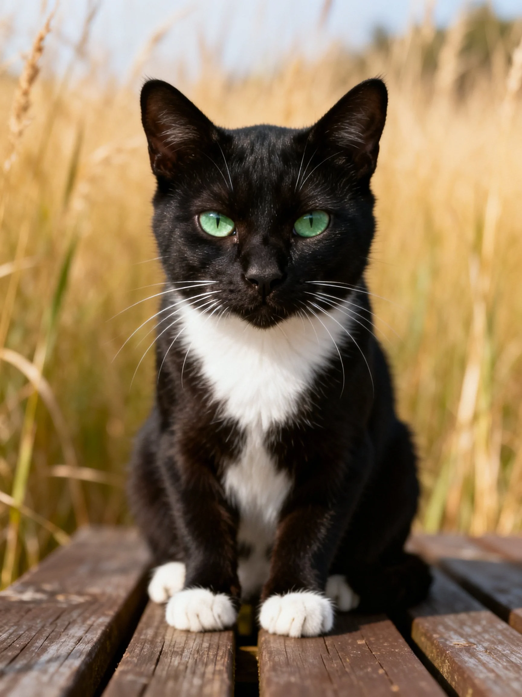 A black and white cat with green eyes sits calmly on a wooden surface surrounded by tall grass.