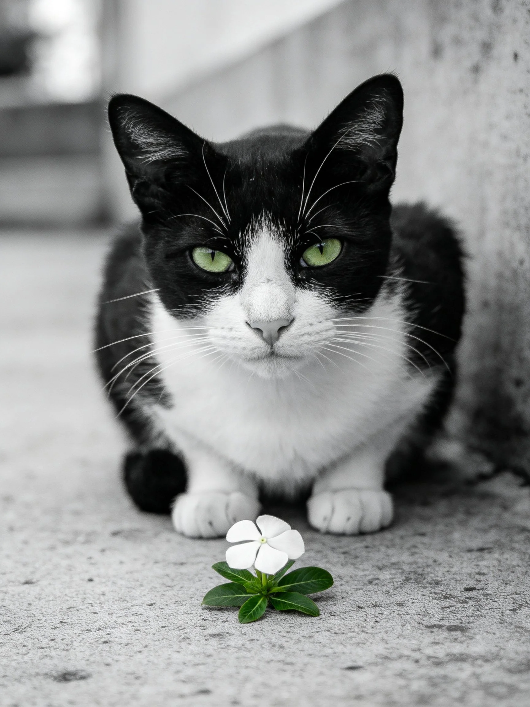 A black - and - white cat with green eyes sits near a small white flower