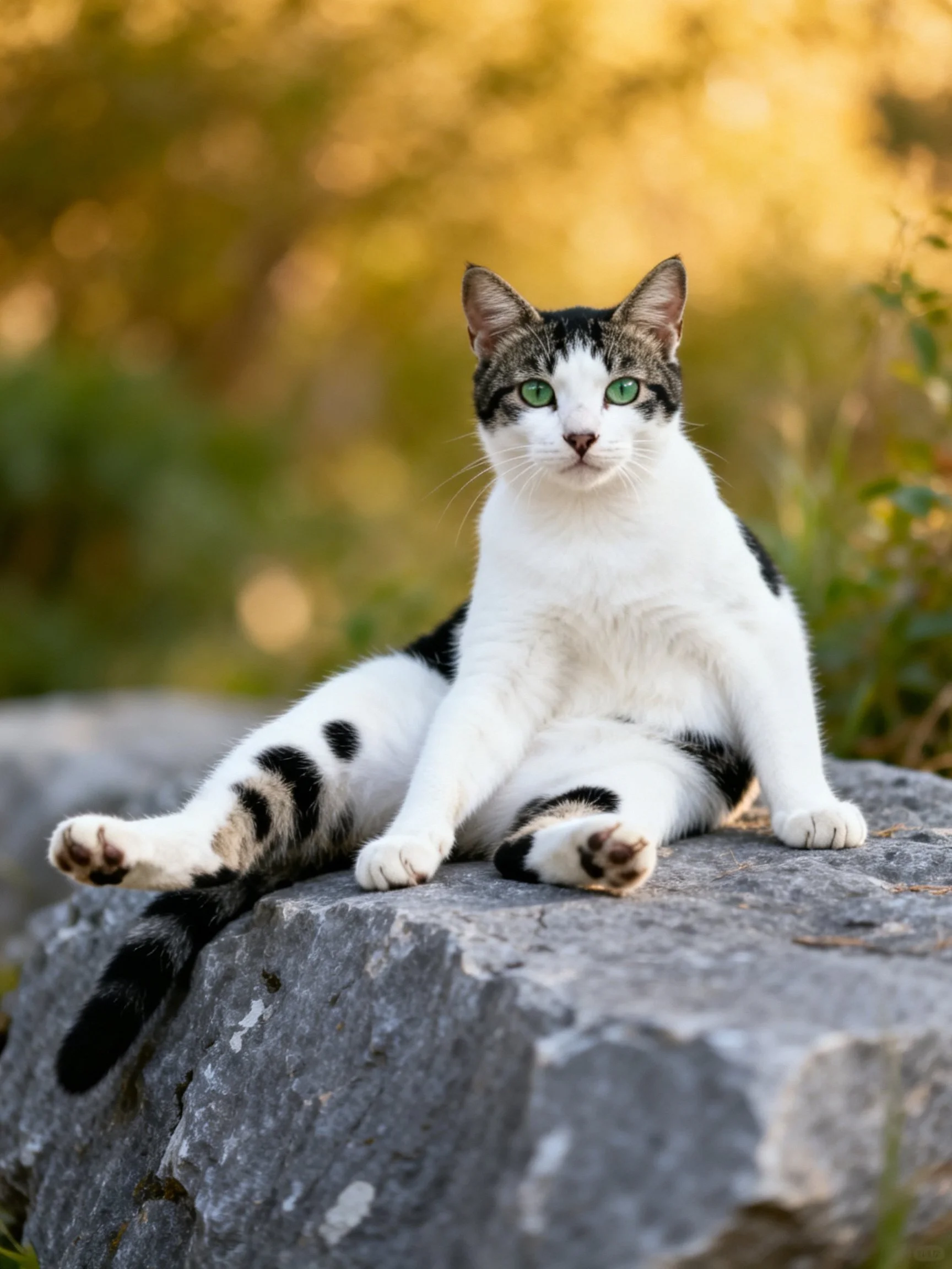A black-and-white cat with green eyes sits on a gray rock amid golden foliage