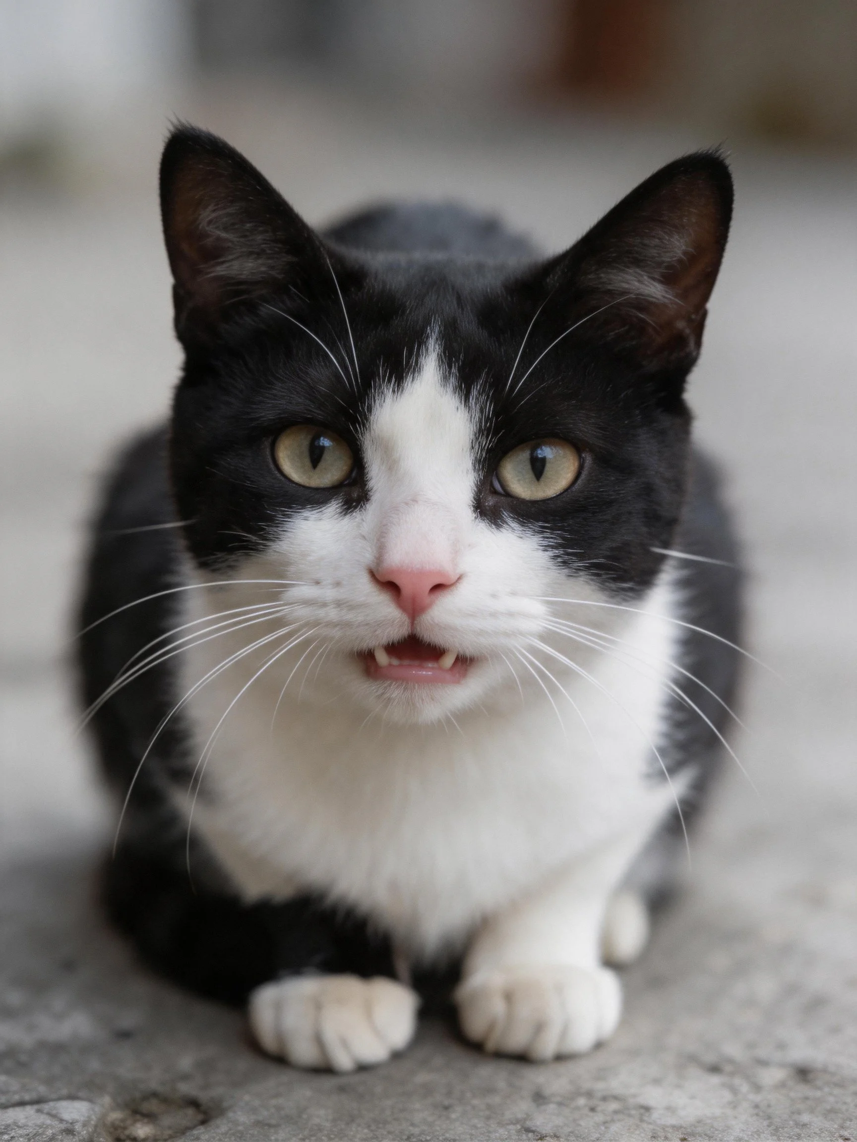 A black and white cat with green eyes sitting on a concrete surface