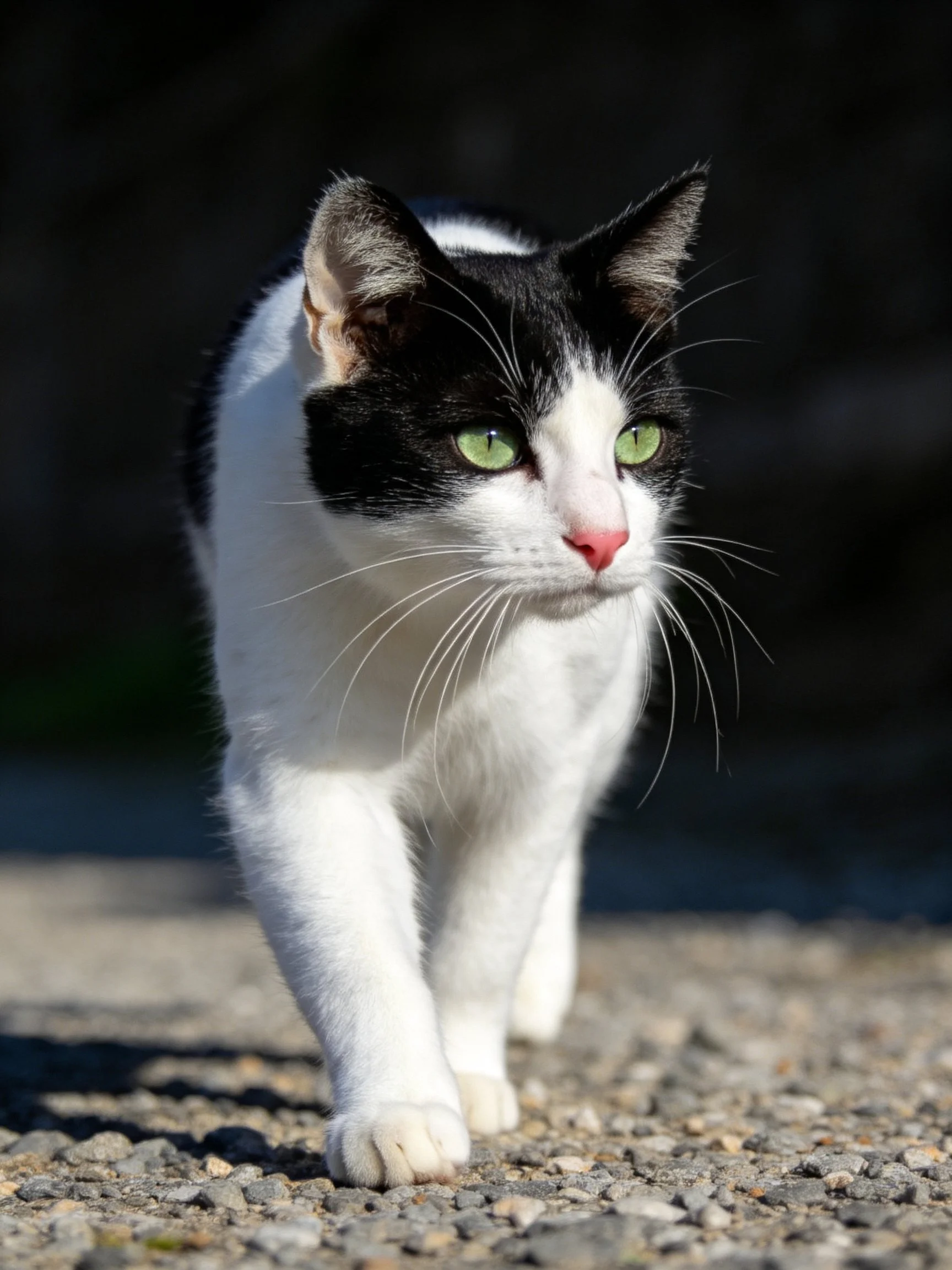 A black and white cat with green eyes walks along a gravel surface.