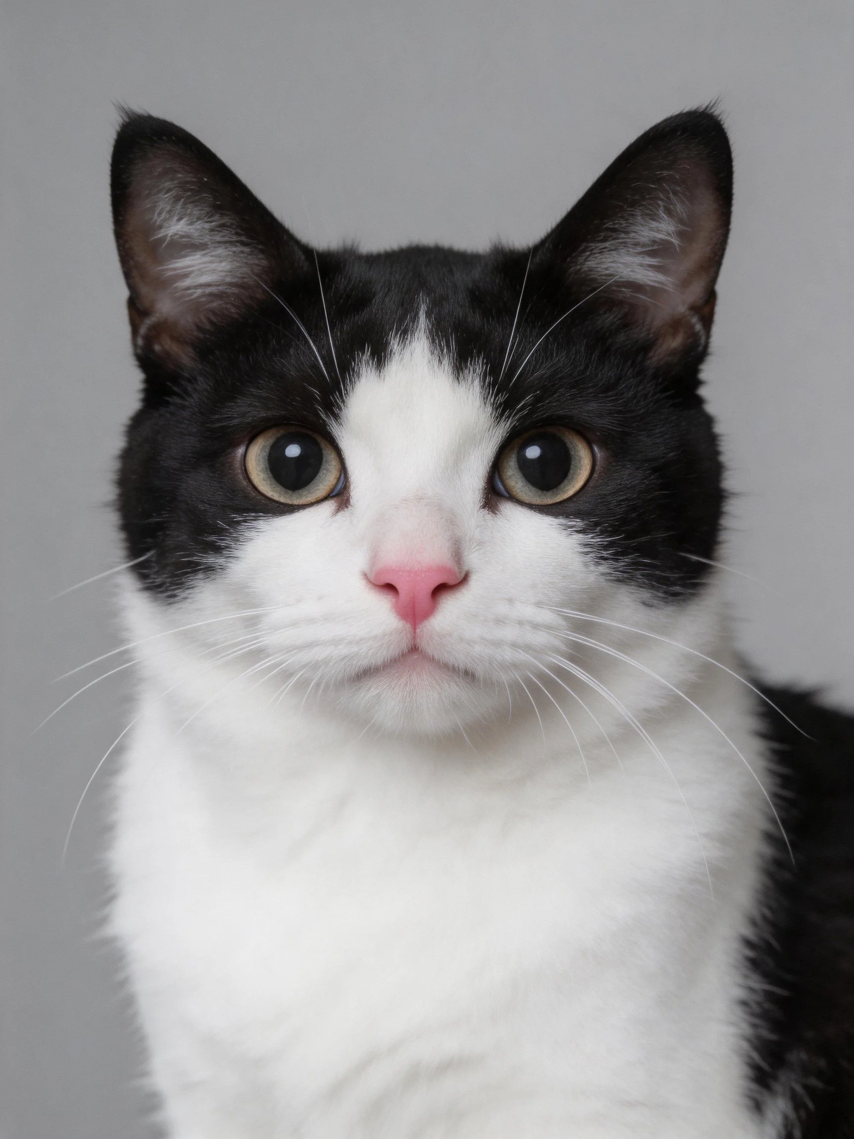 A black and white cat gazes directly at the camera with wide green eyes.