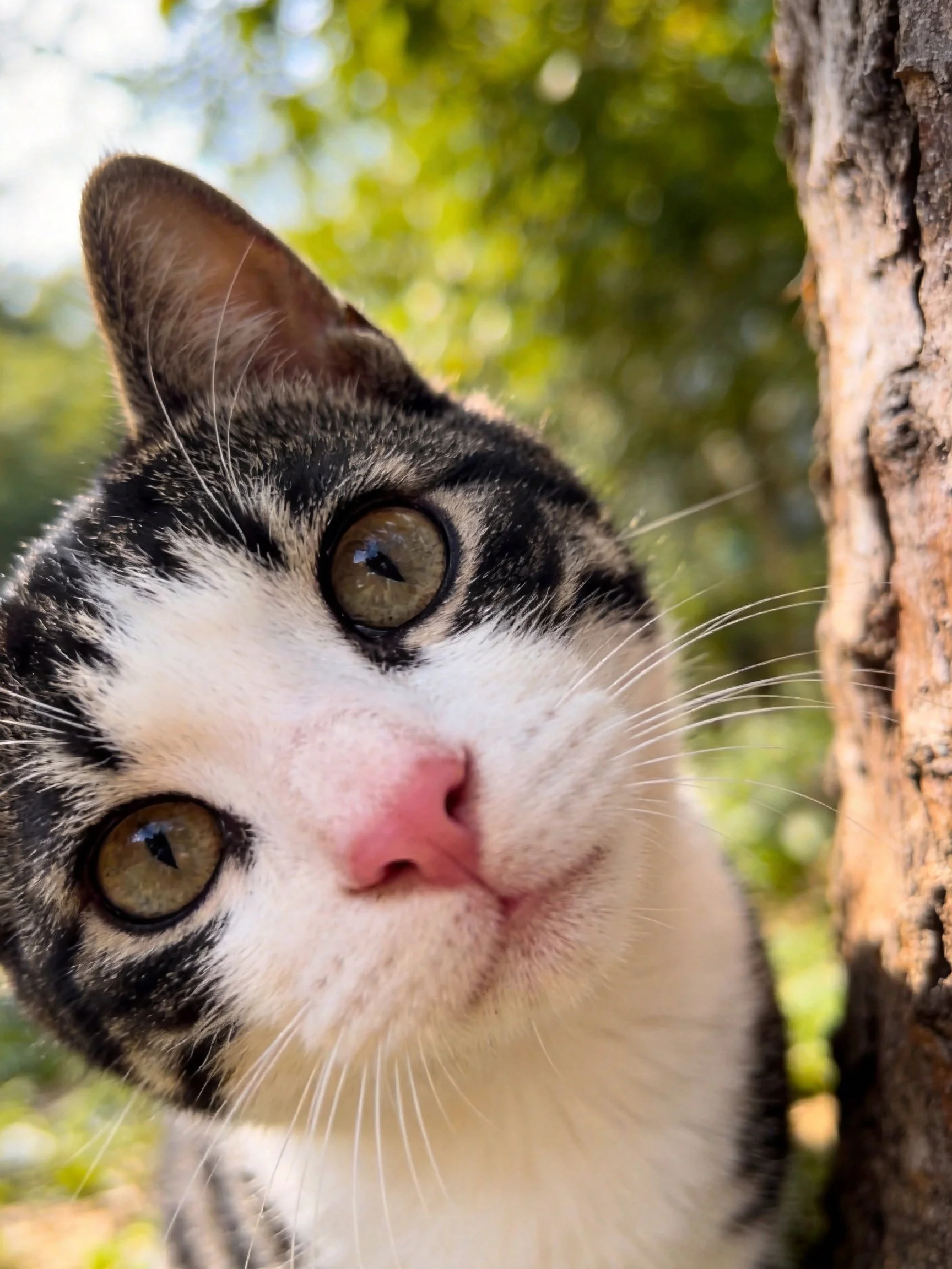 A black-and-white cat with large green eyes near a tree trunk