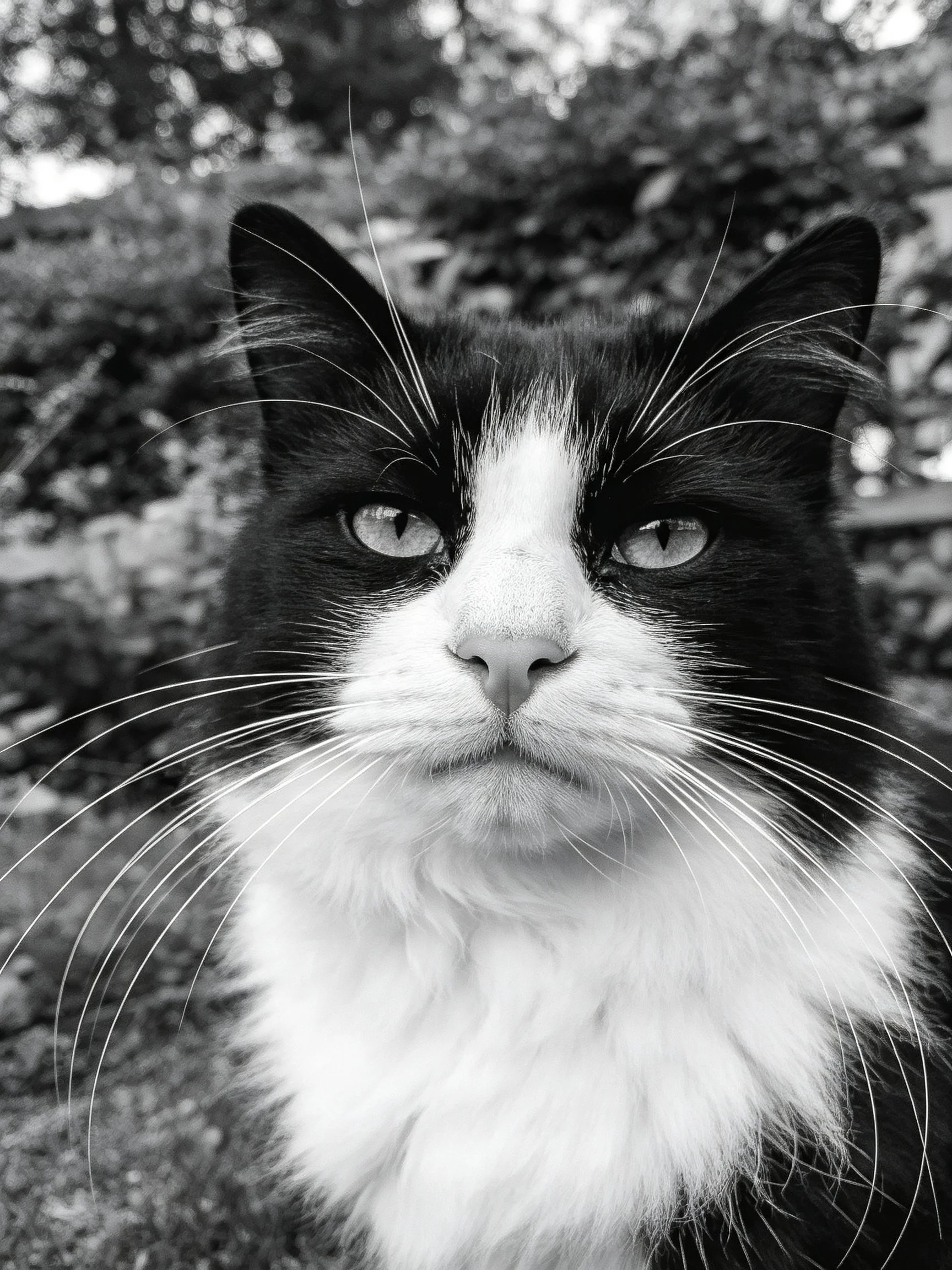 A black and white cat with long whiskers photographed outdoors