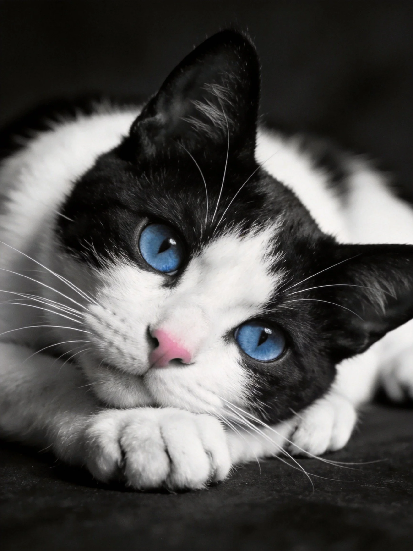 A black and white cat with striking blue eyes resting