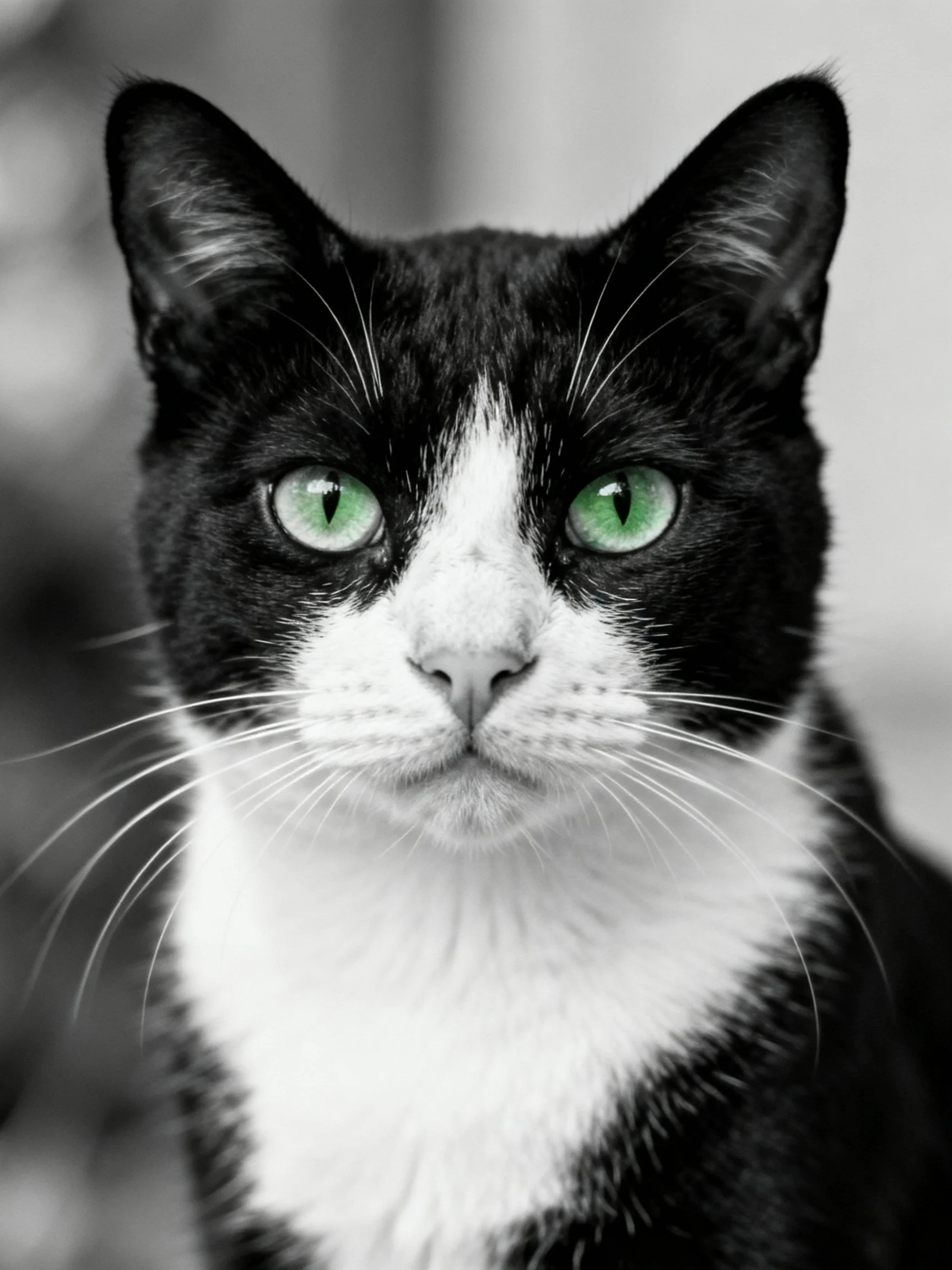 A black - and - white cat with striking green eyes