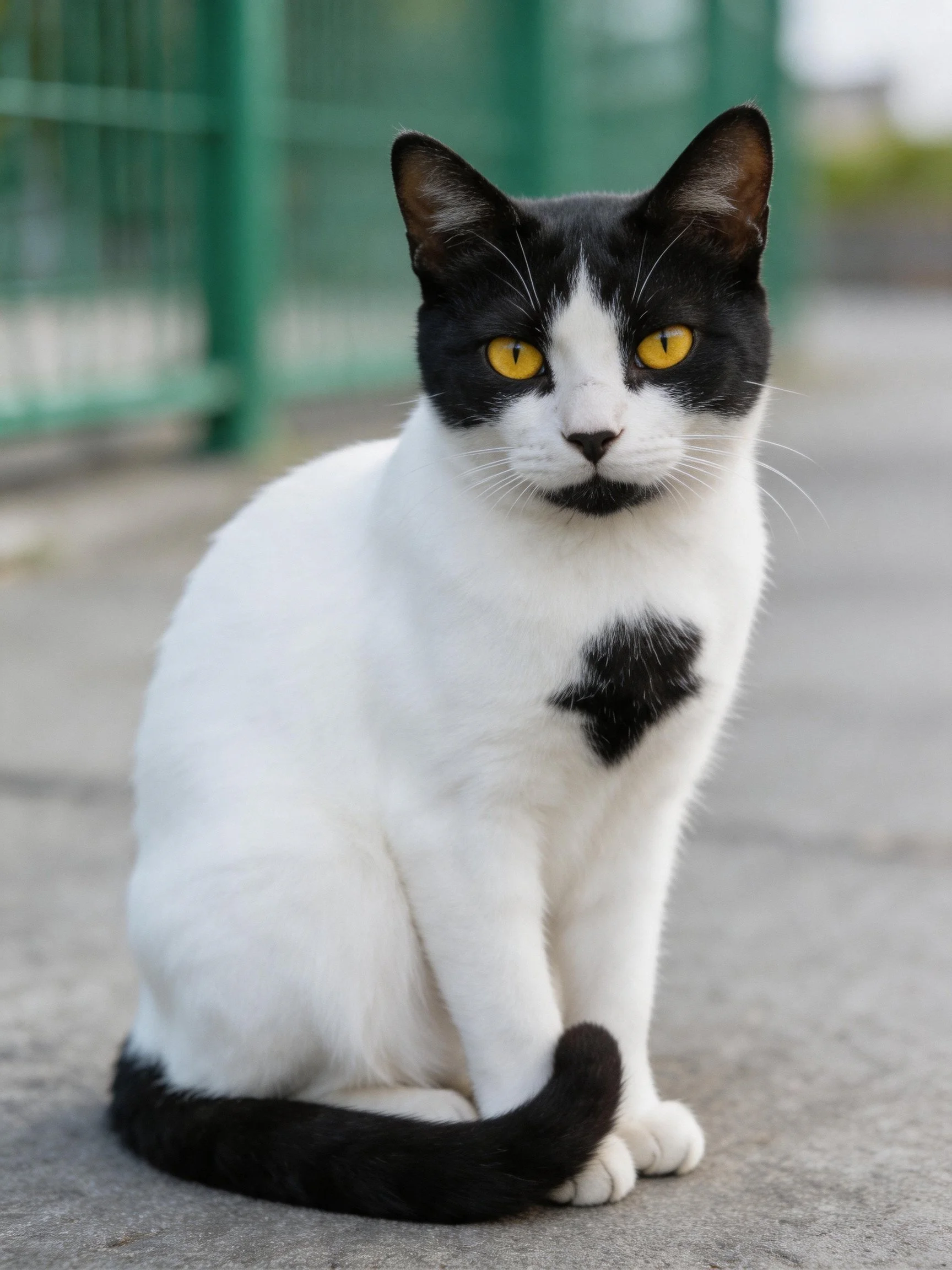 A black - and - white cat with striking yellow eyes sits on pavement