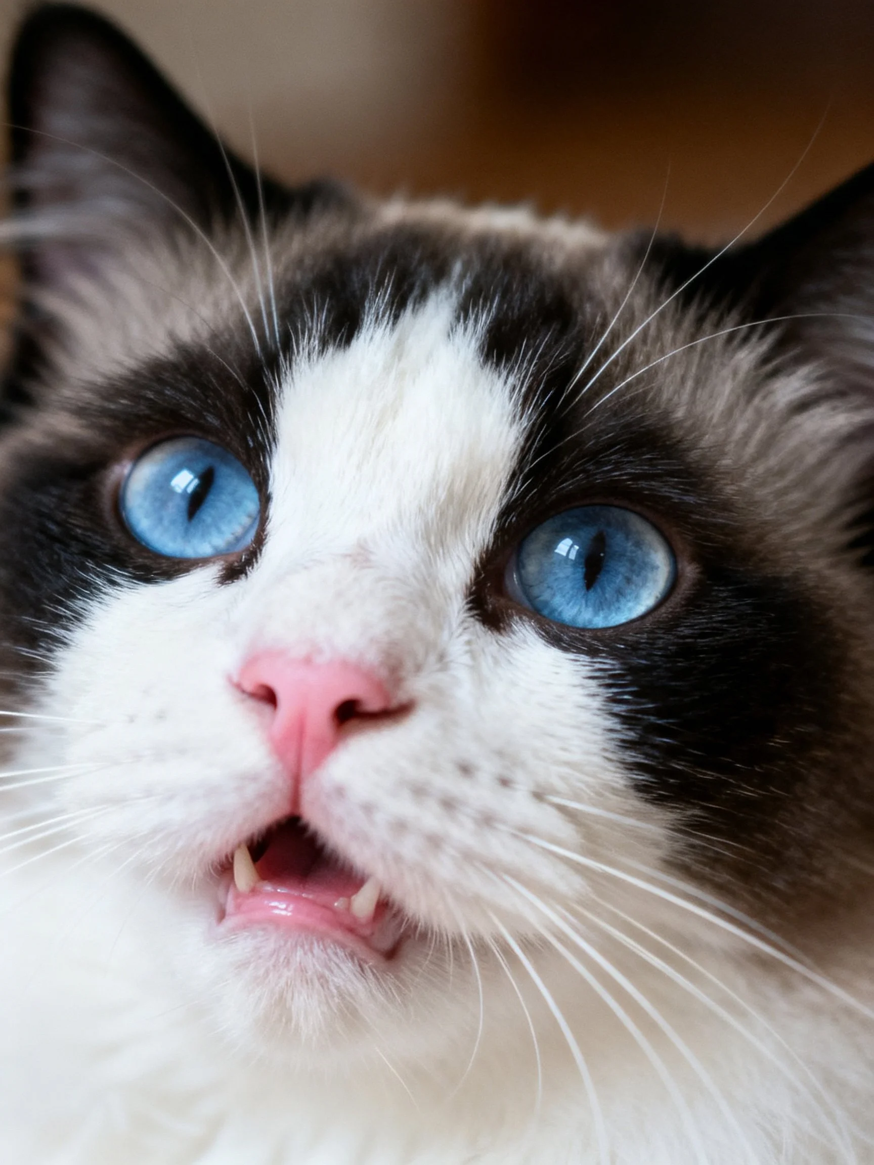 A black-and-white cat with vivid blue eyes and pink nose