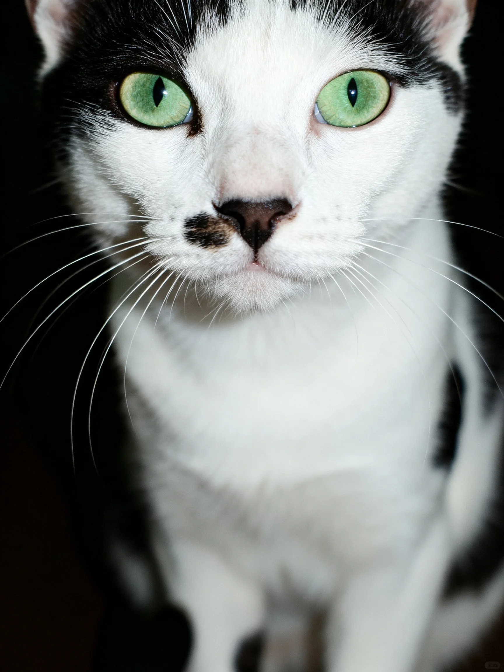 A black-and-white cat with vivid green eyes in low light