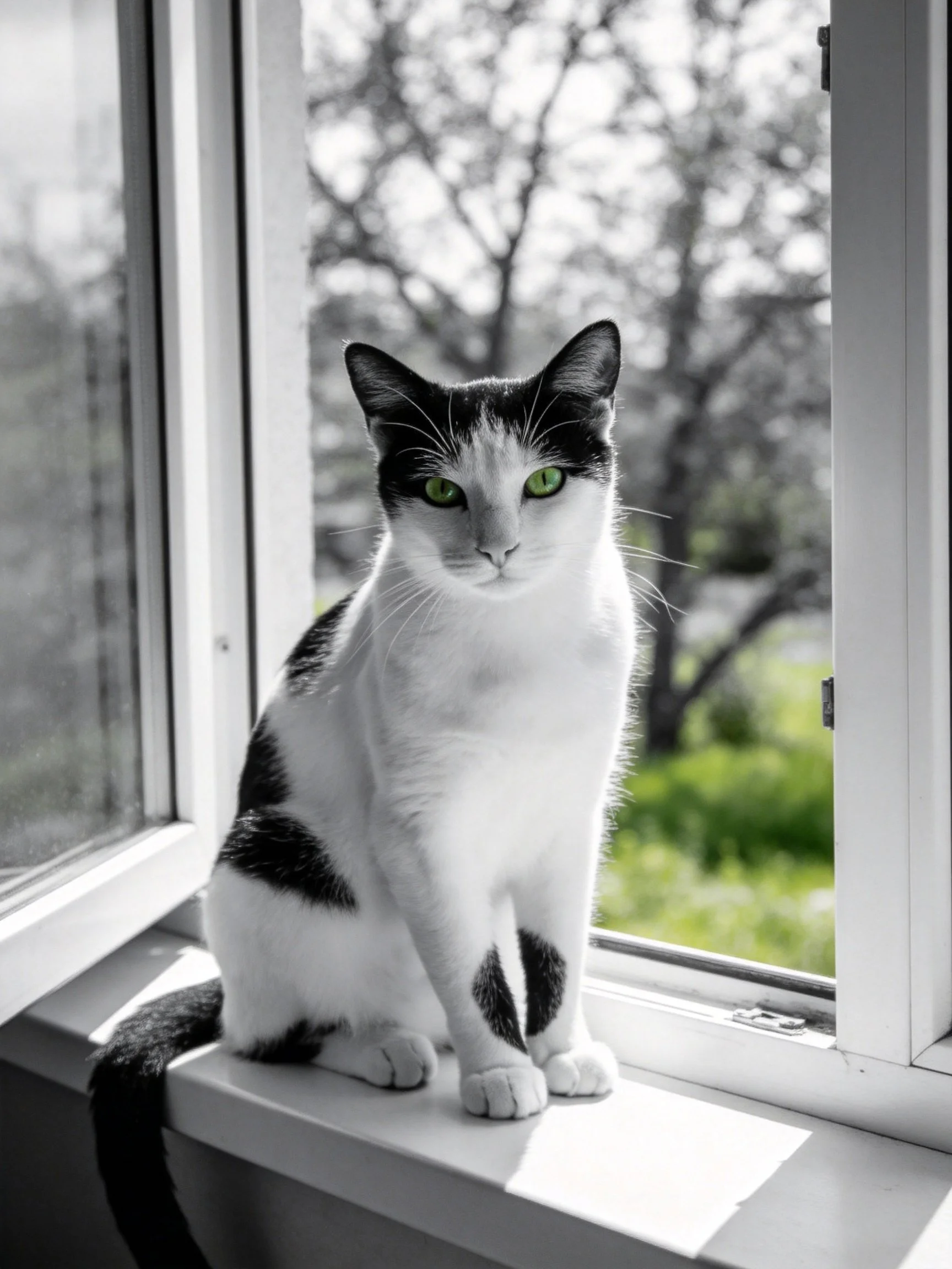 A black and white cat with vivid green eyes perched on a windowsill
