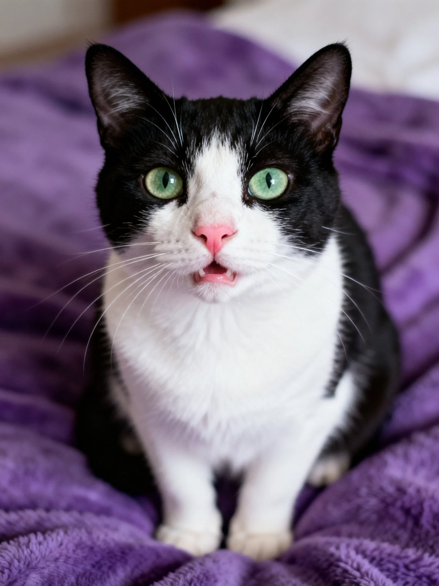 A black - and - white cat with vivid green eyes sits on a purple blanket.