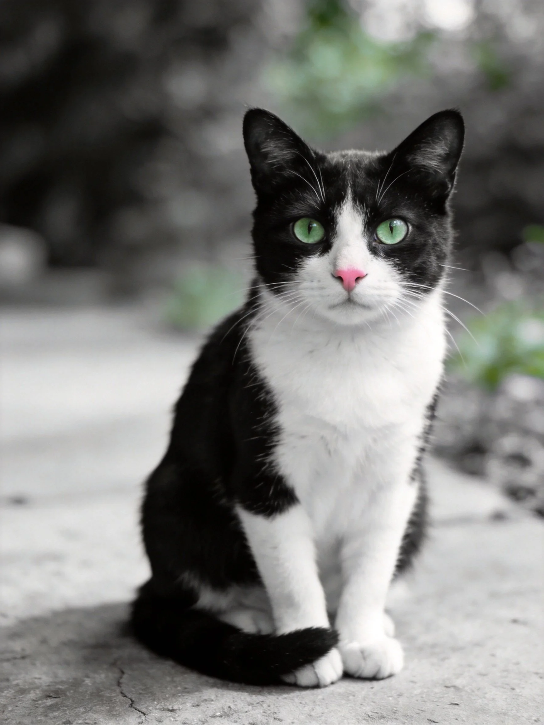 A black - and - white cat with green eyes sits calmly on an outdoor concrete surface.