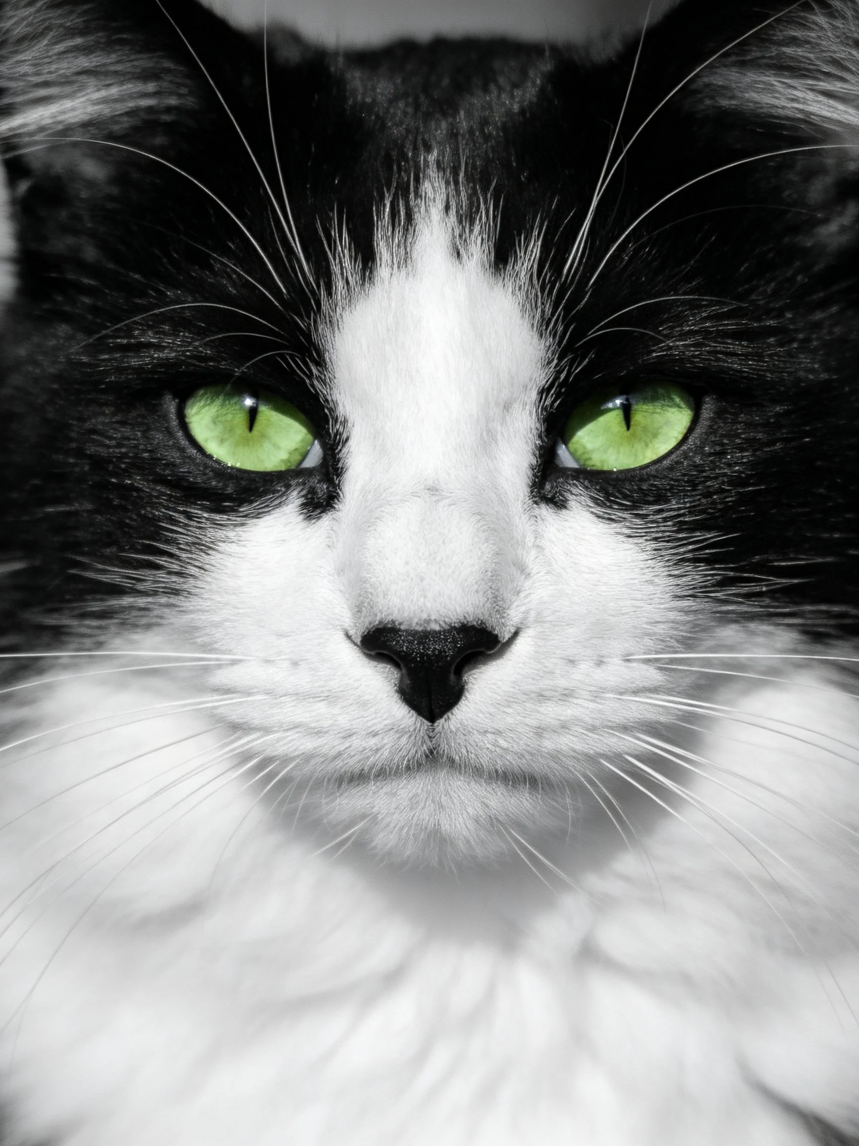 A black and white cat with vivid green eyes