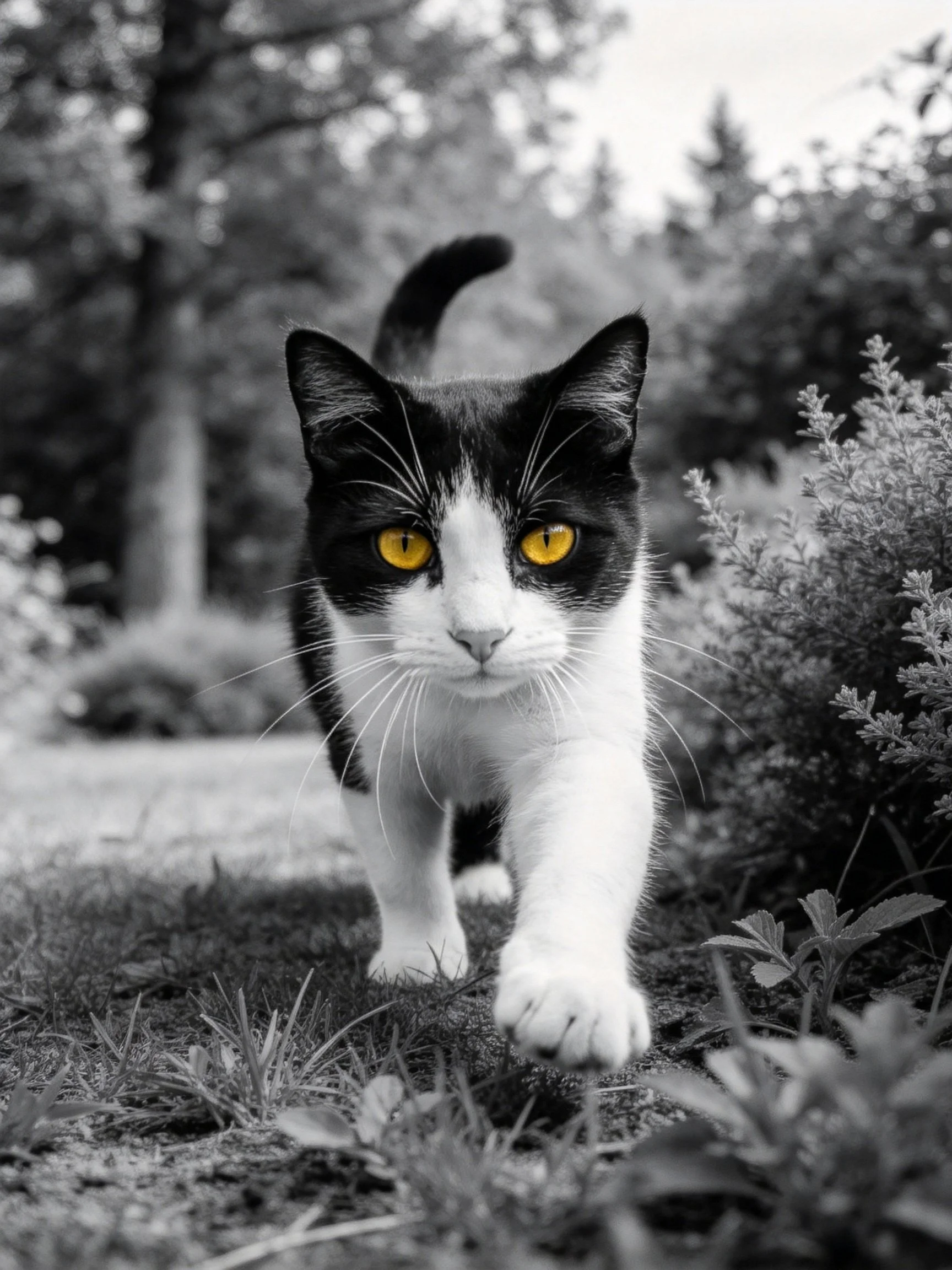 A black - and - white cat with vivid yellow eyes explores a garden path