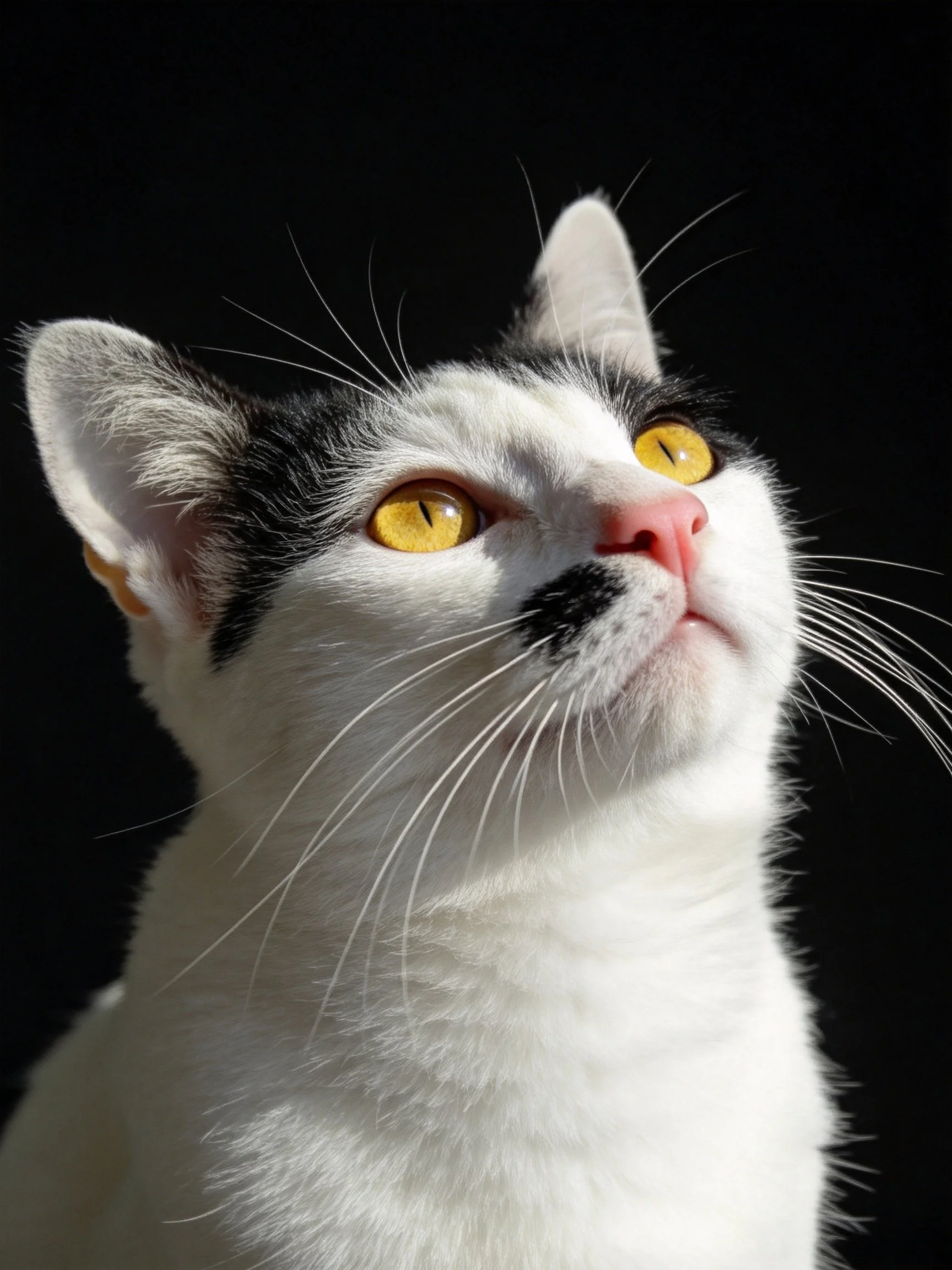 A black-and-white cat with yellow eyes gazes upward in a close-up photograph