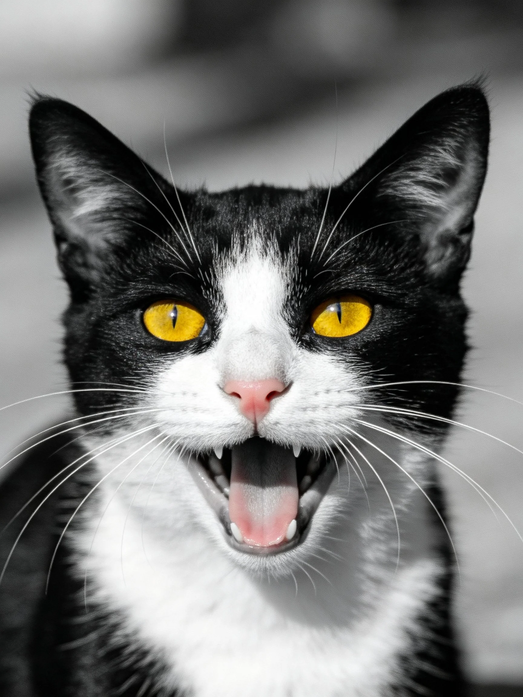 A black and white cat with vivid yellow eyes, mouth agape