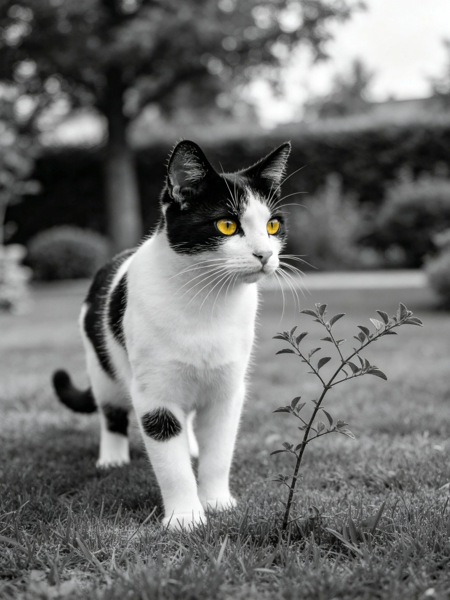 A black - and - white cat with vivid yellow eyes near a small plant