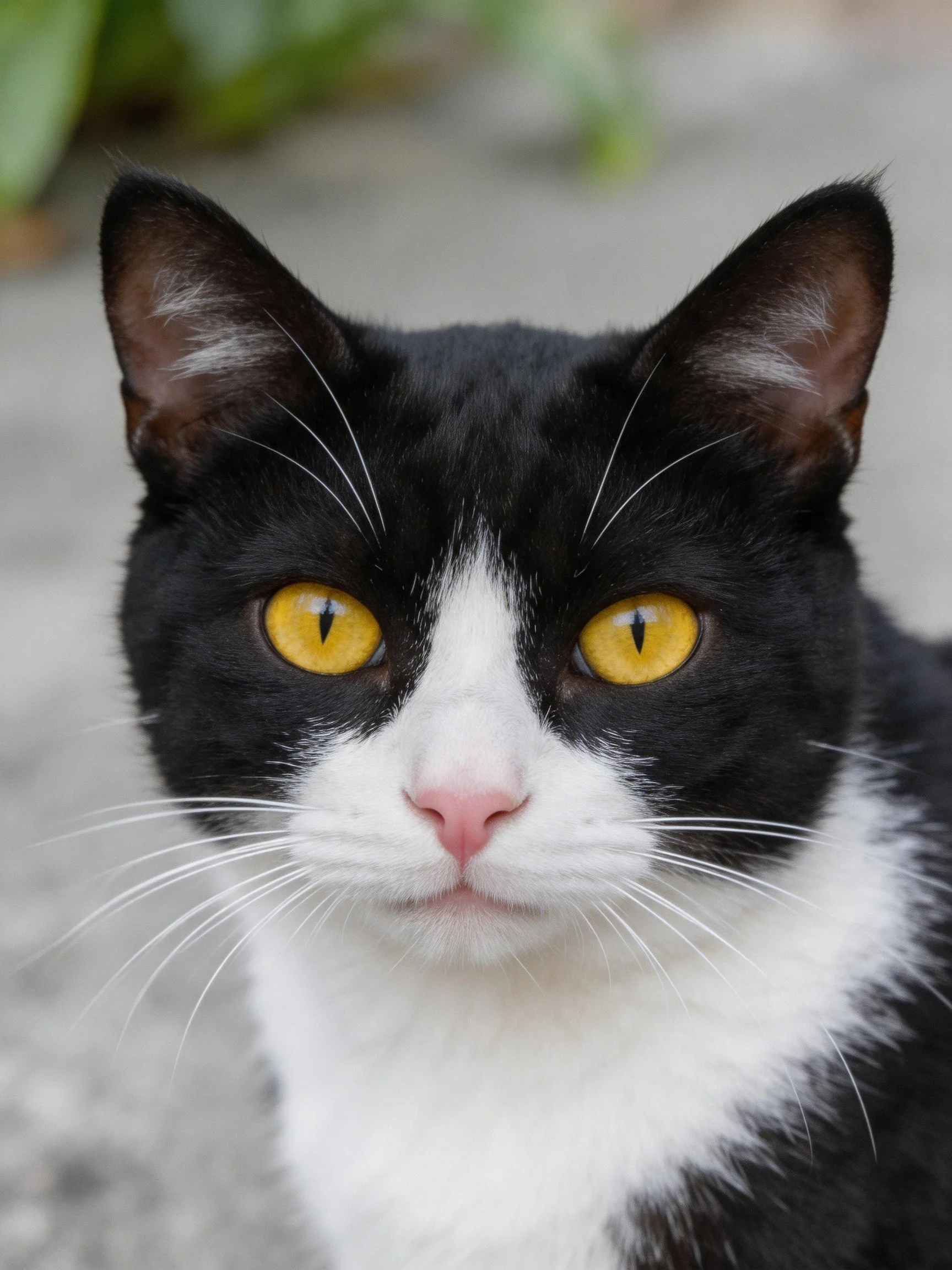 A black and white cat with yellow eyes looks directly at the camera in an outdoor environment.