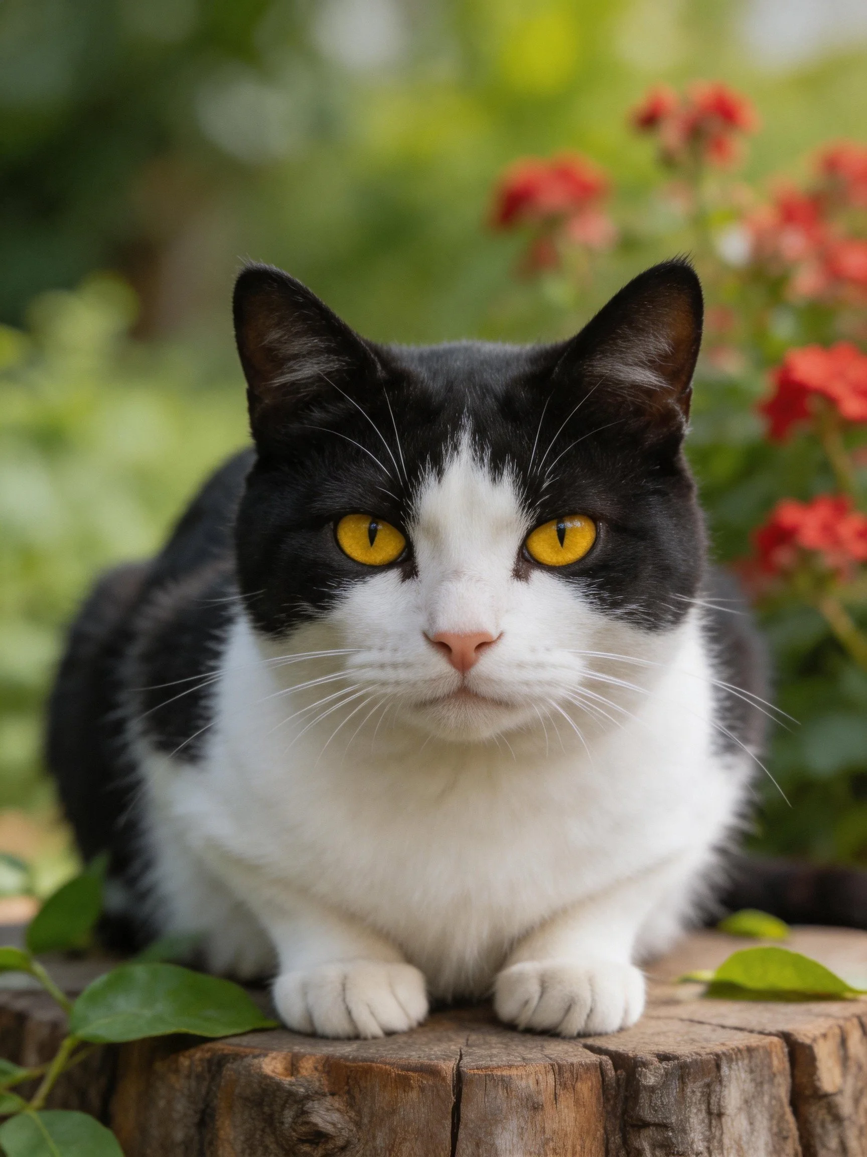 A black - and - white cat with vivid yellow eyes perches near red flowers