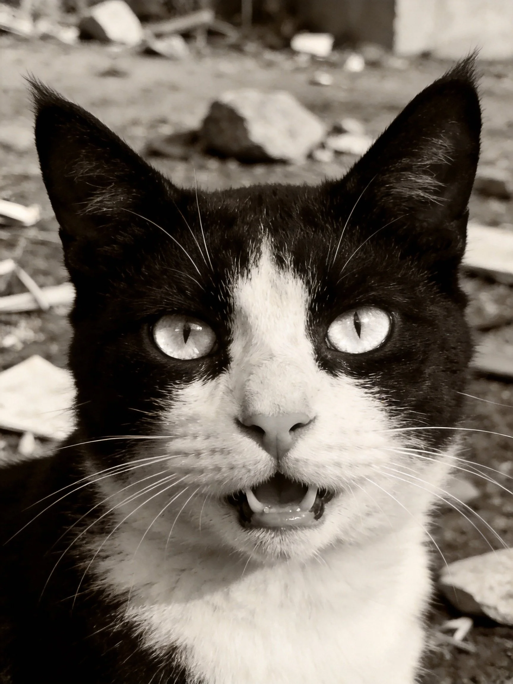 A black - and - white cat with wide eyes in a debris - filled setting