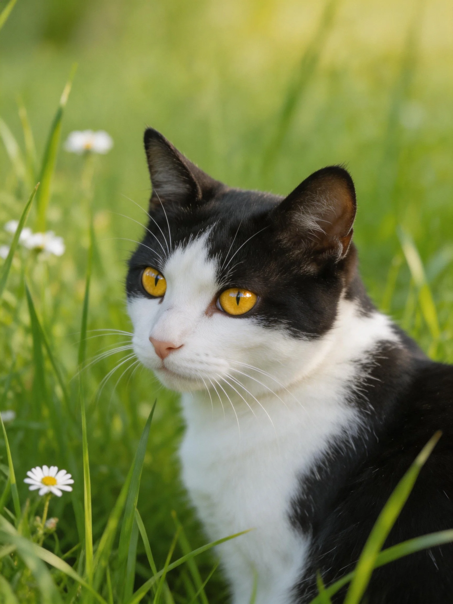 A black and white cat with yellow eyes rests in a grassy area with small white flowers