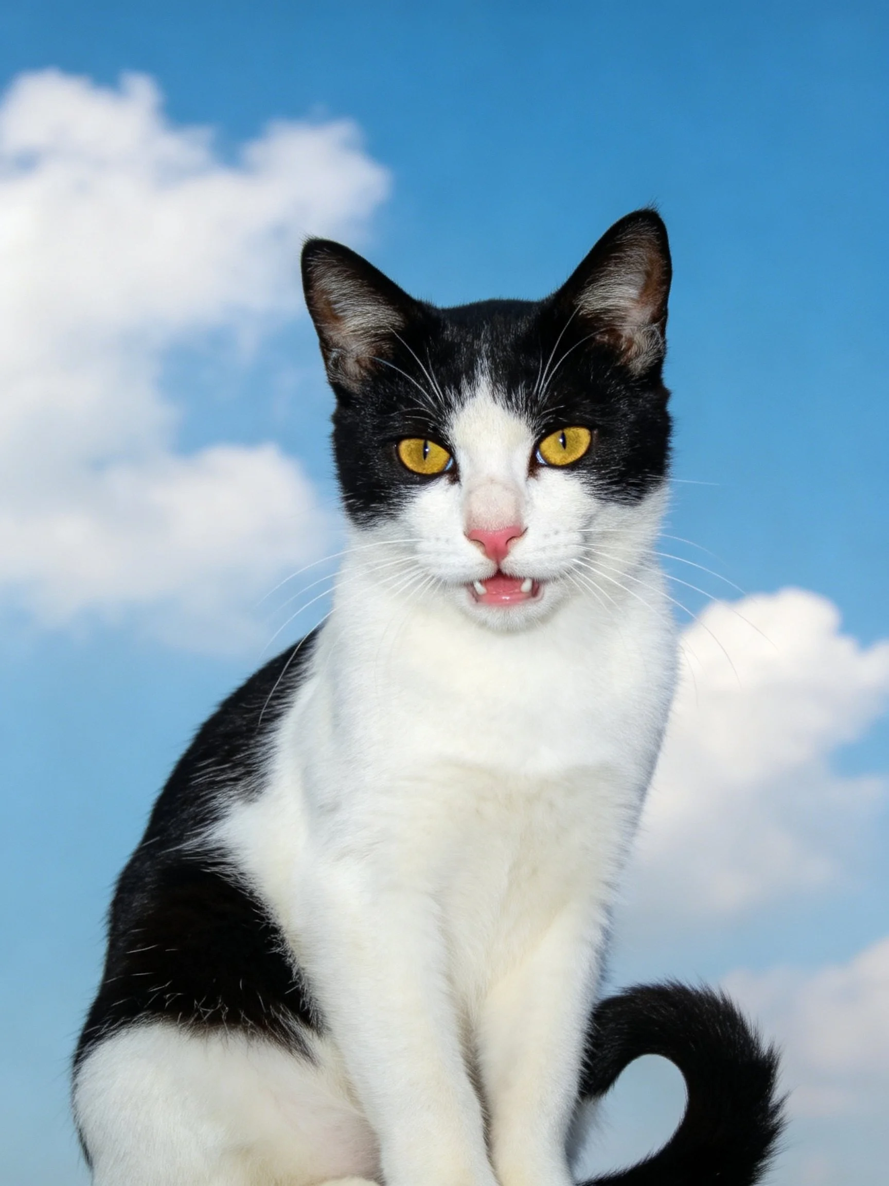 A black - and - white cat with yellow eyes sits calmly amid a blue sky and clouds.