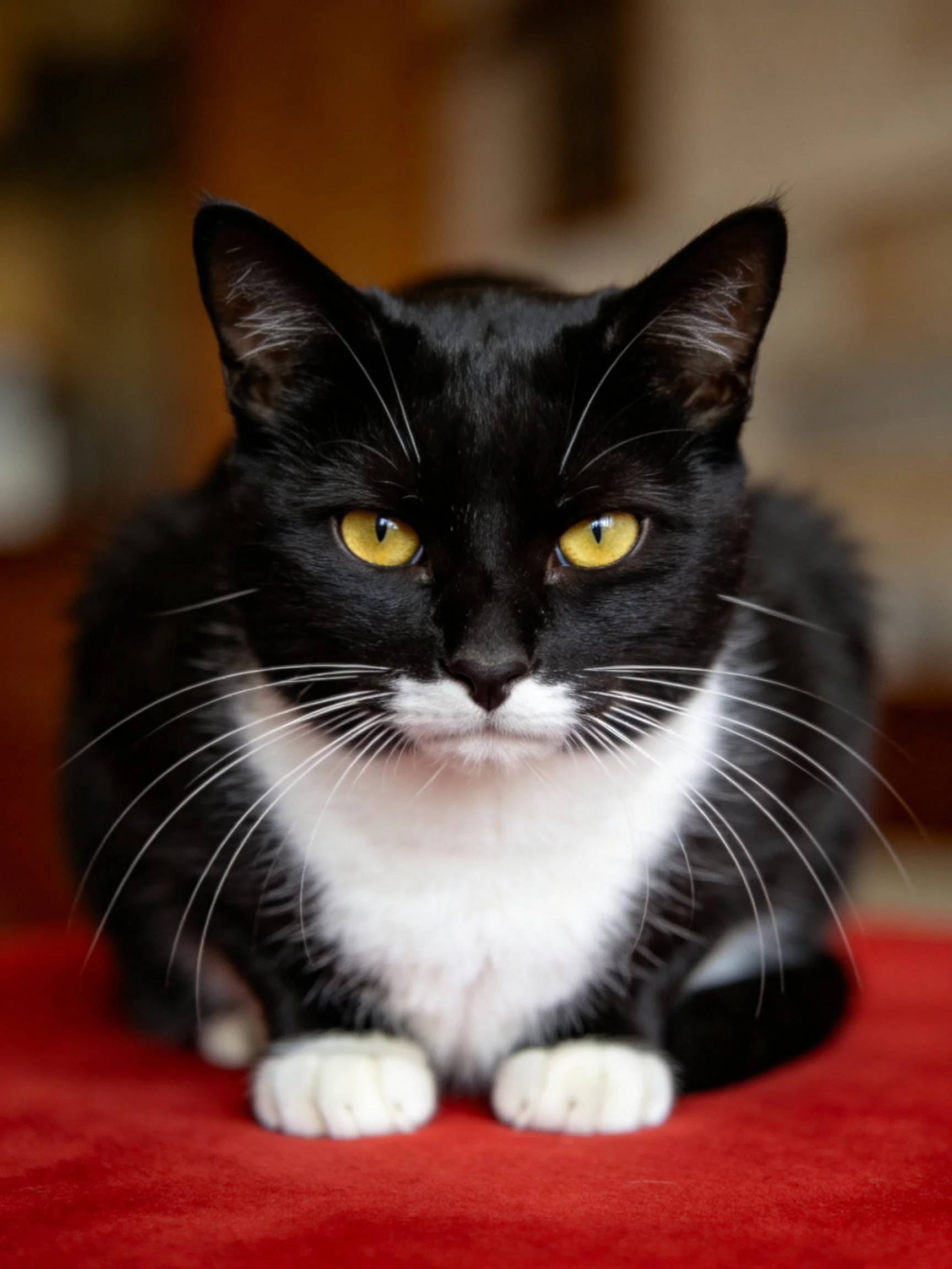 A black and white cat with yellow eyes sits on a red fabric