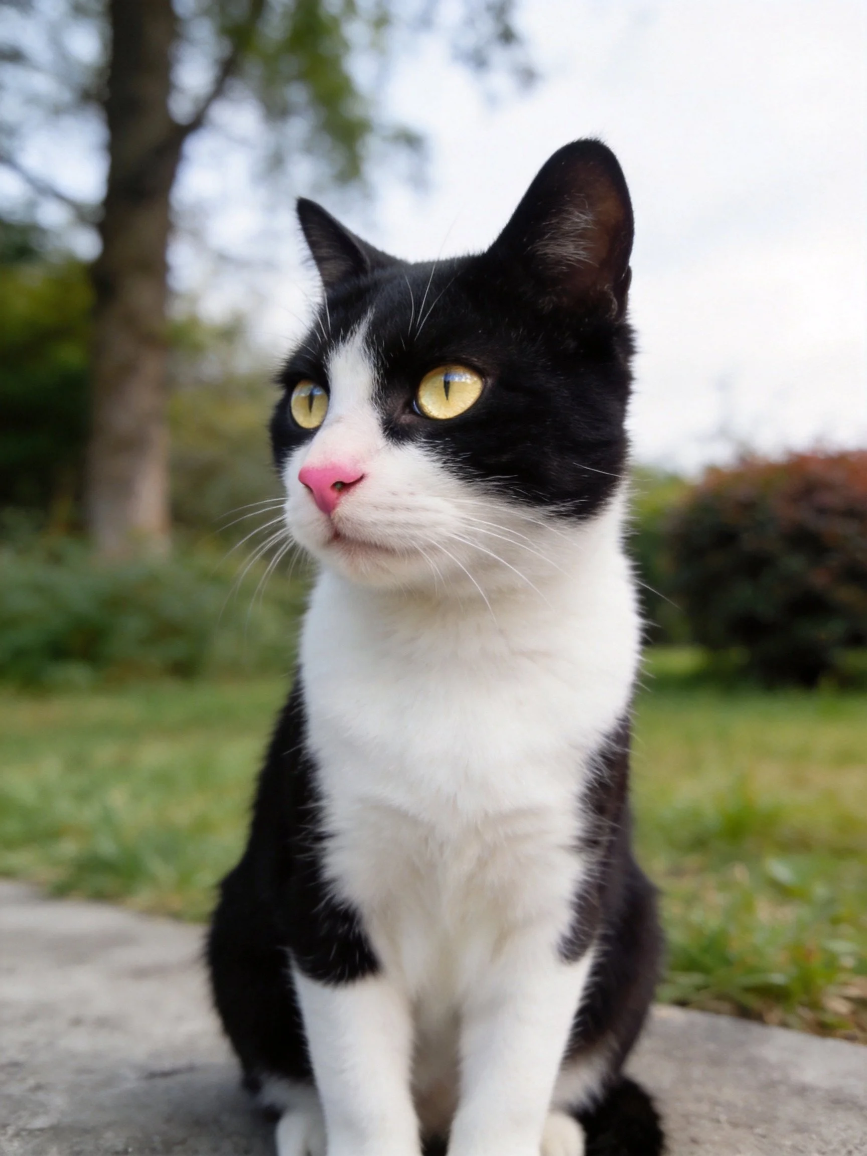 A black and white cat with bright yellow eyes sits calmly in an outdoor setting.