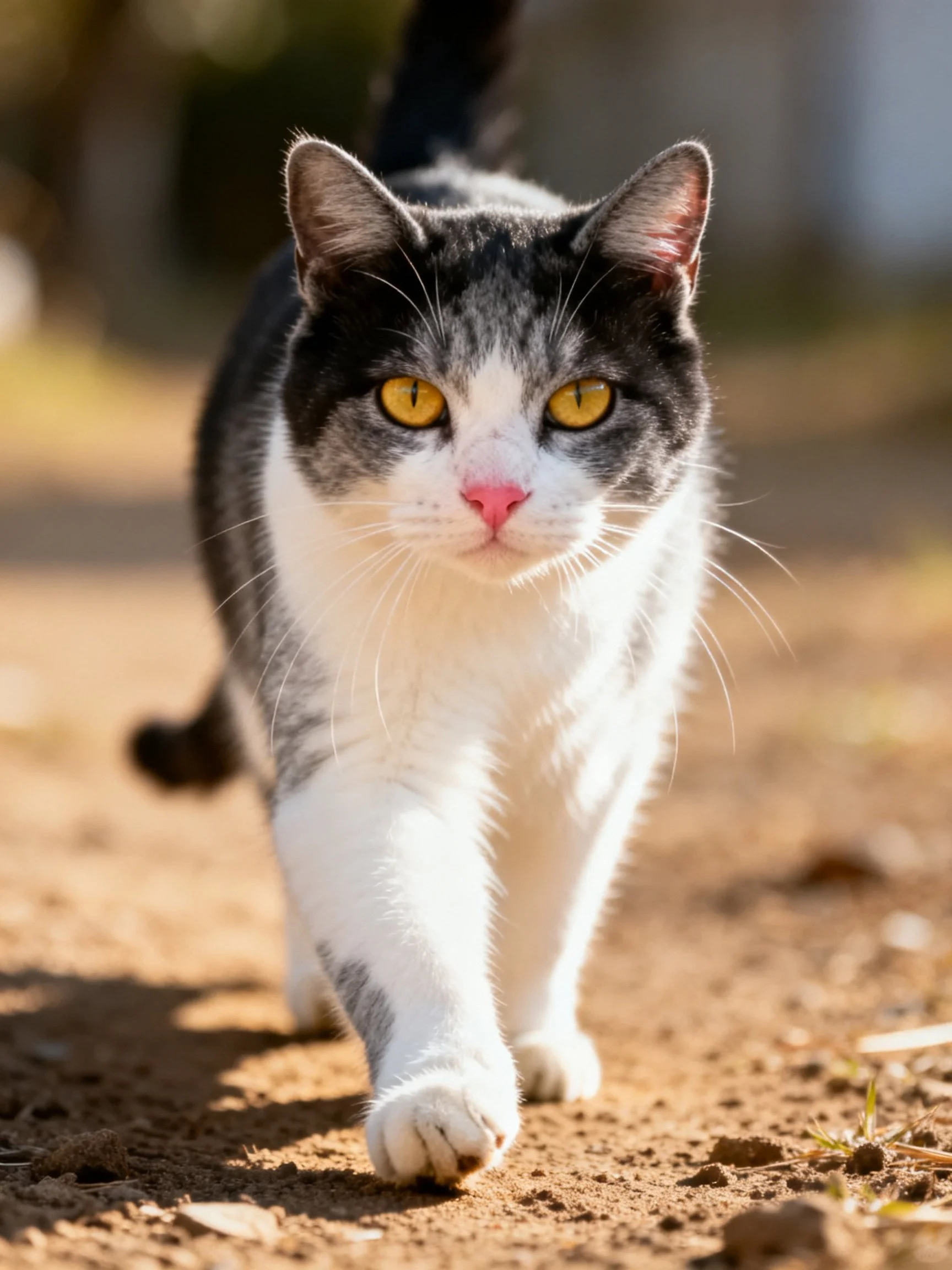 A black-and-white cat with yellow eyes walks on sunlit dirt.