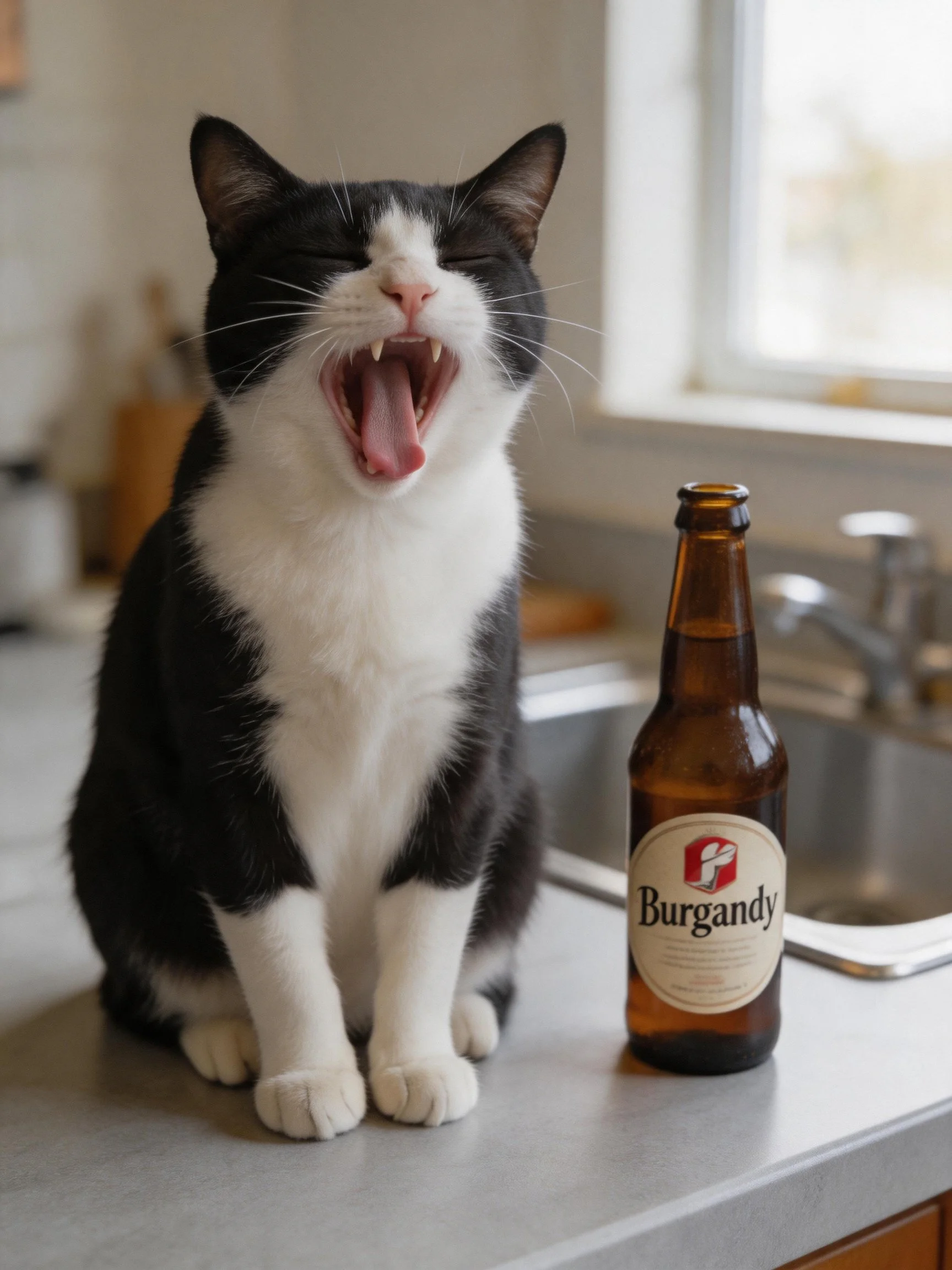 A black - and - white cat yawning beside a Burgandy beer bottle on a kitchen counter