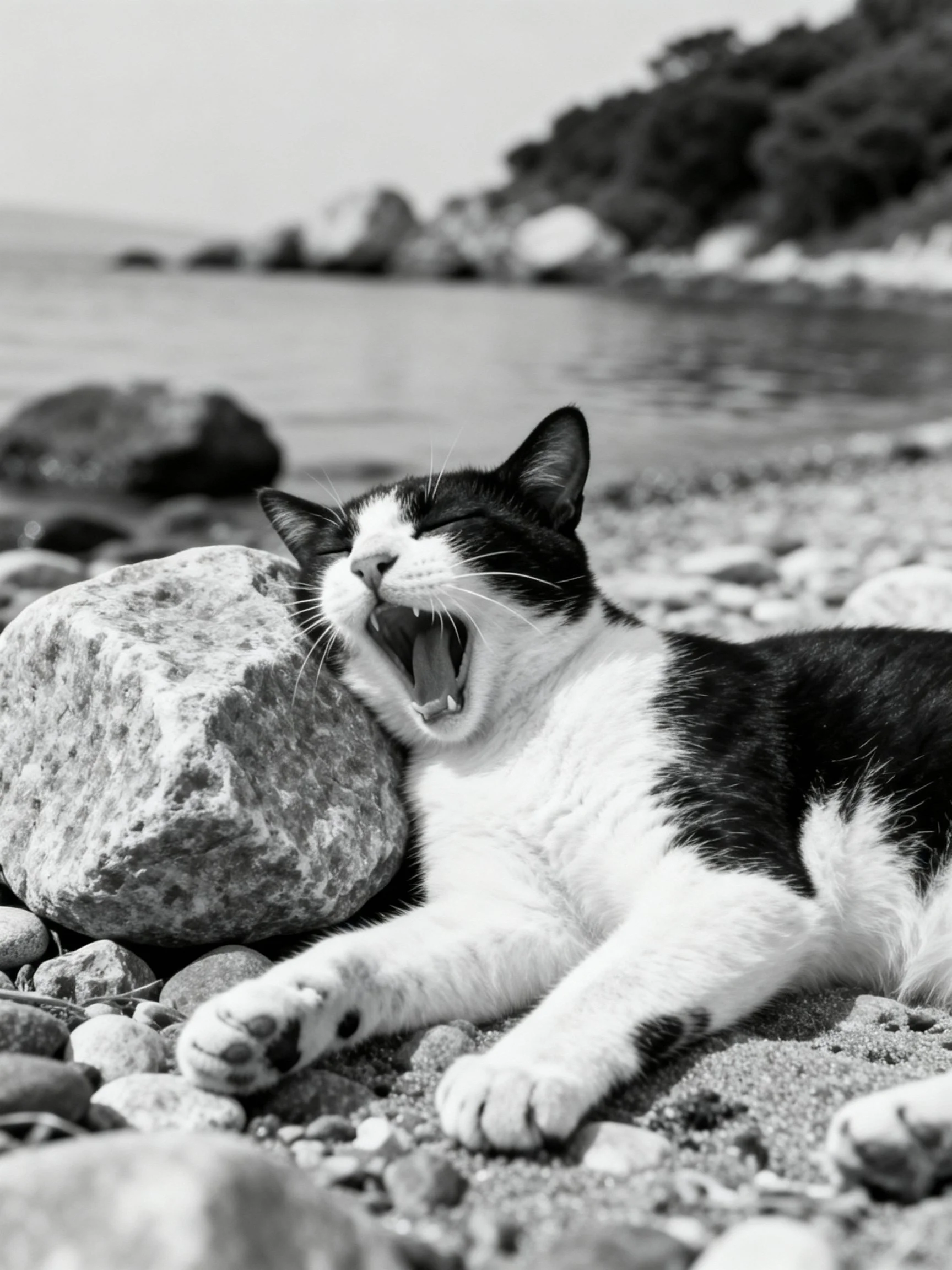 A black - and - white cat yawning beside a large rock on a pebbly shore
