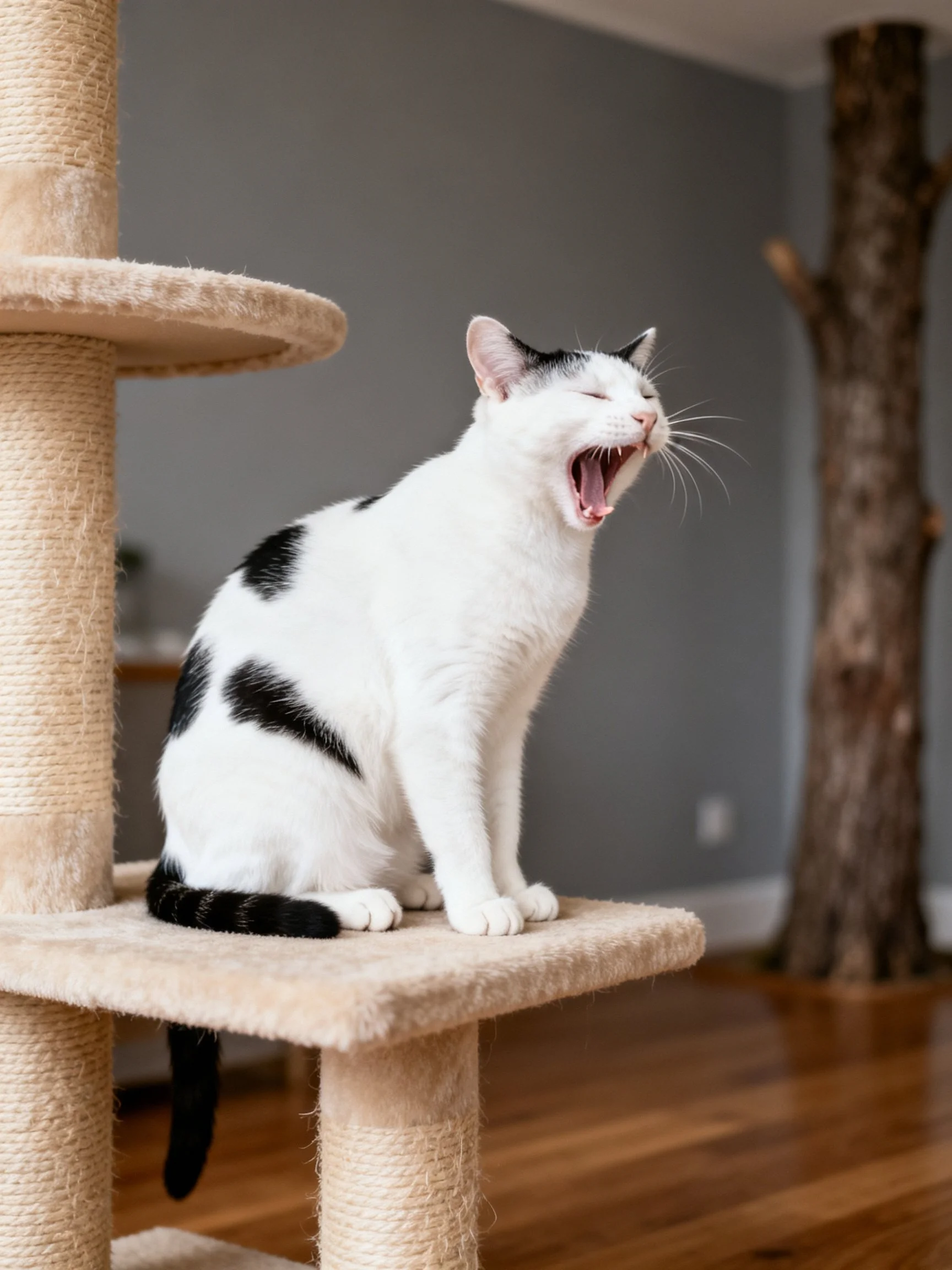 A black - and - white cat yawning on a beige cat tree near a large wooden post