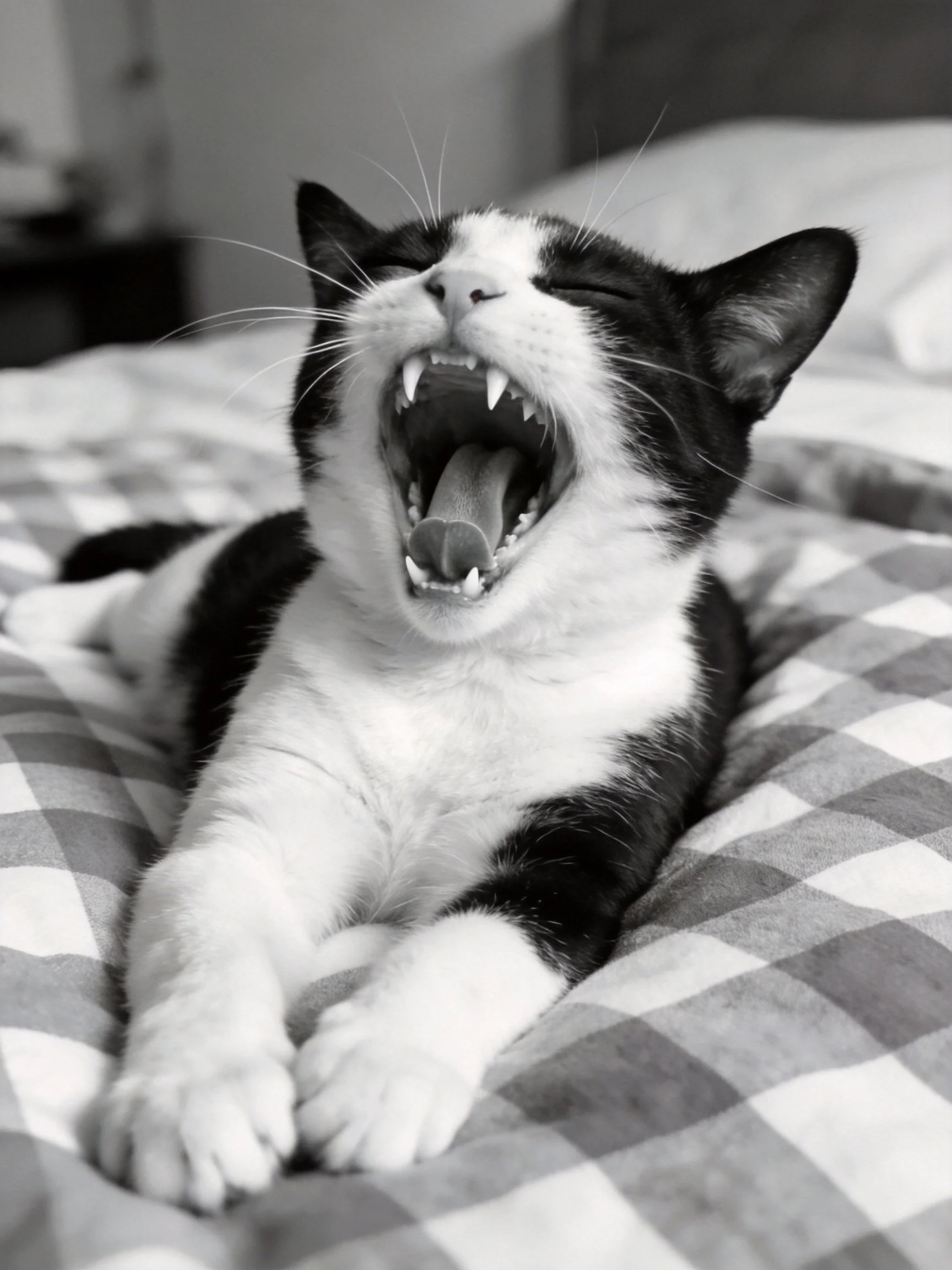 A black - and - white cat yawning on a checkered bedspread
