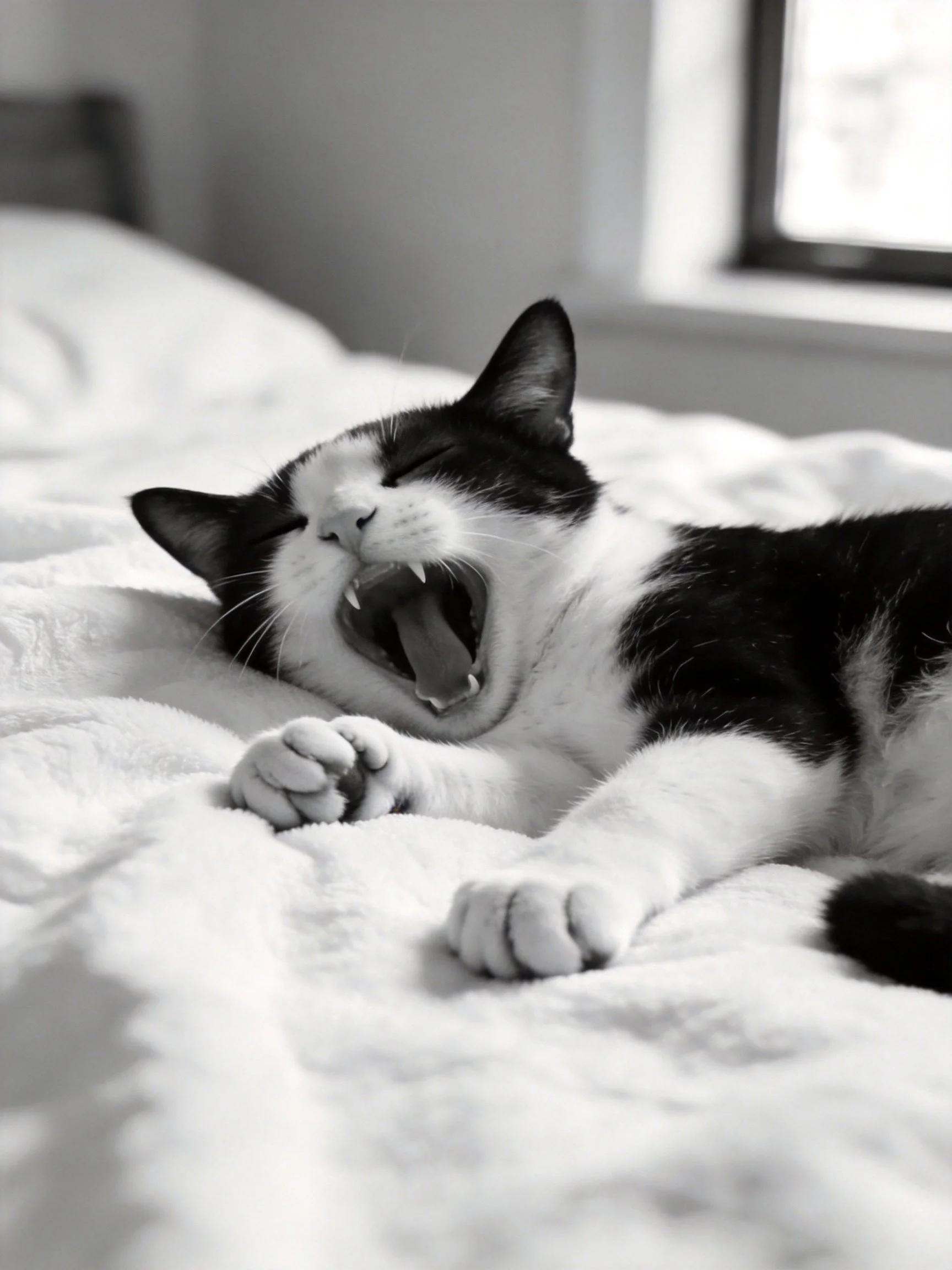 A black and white cat yawning on a plush bed near a window