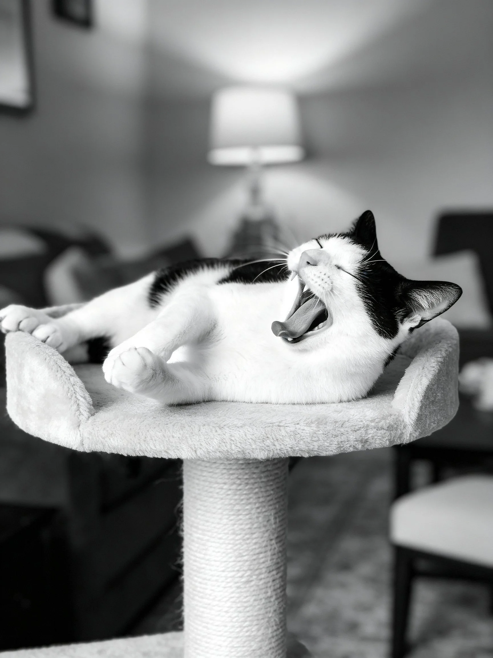 A black - and - white cat yawning on a plush cat tree in a cozy room
